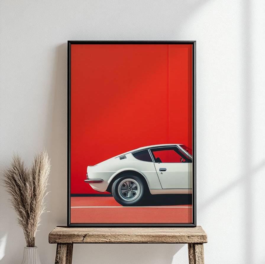 Minimalist Sports Car Poster – Modern Retro Wall Art, White Coupe Auto Print, Red Background Decor, Cool Driver Gift for Car Lovers
