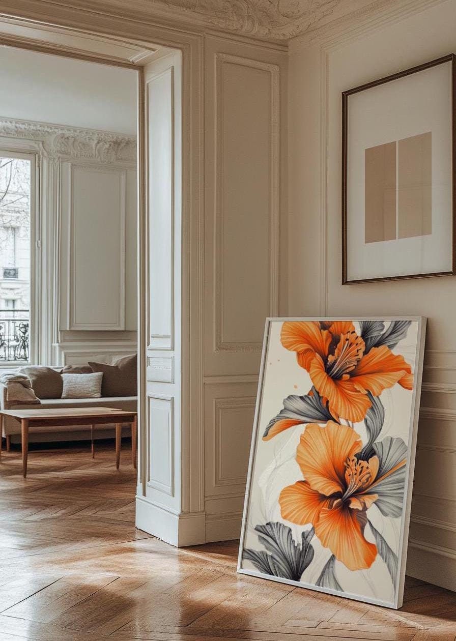 Orange Floral Matte Vertical Posters - Elegant Home Decor, Wall Art, Modern Decor, Gift Idea, Floral Print, Flower Art, Aesthetic Art.