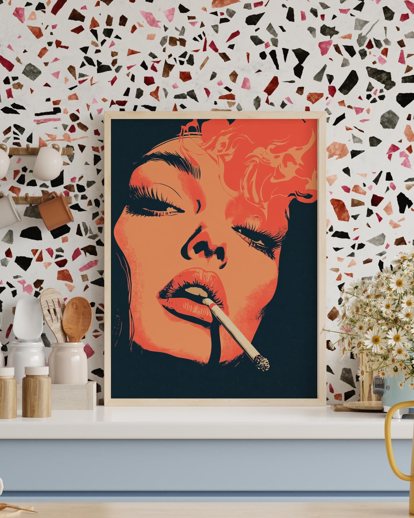 Retro Smoking Woman Wall Art – Bold Pop Art Poster – 70s Aesthetic Illustration Print for Lounge, Bar, or Alternative Room Decor
