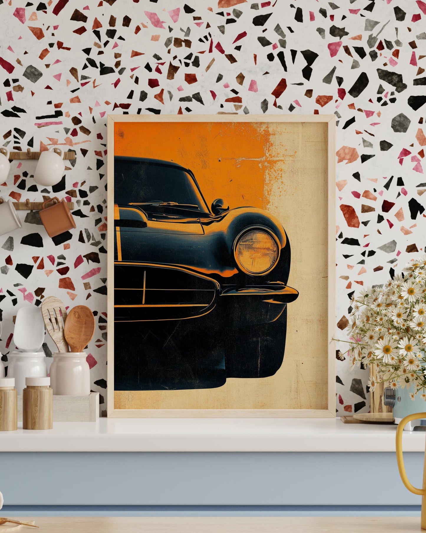 Vintage Sports Car Poster – Gritty Front-End Auto Art Print, Retro Muscle Car Wall Decor, Classic Ride Gift, Bold Orange Garage Art
