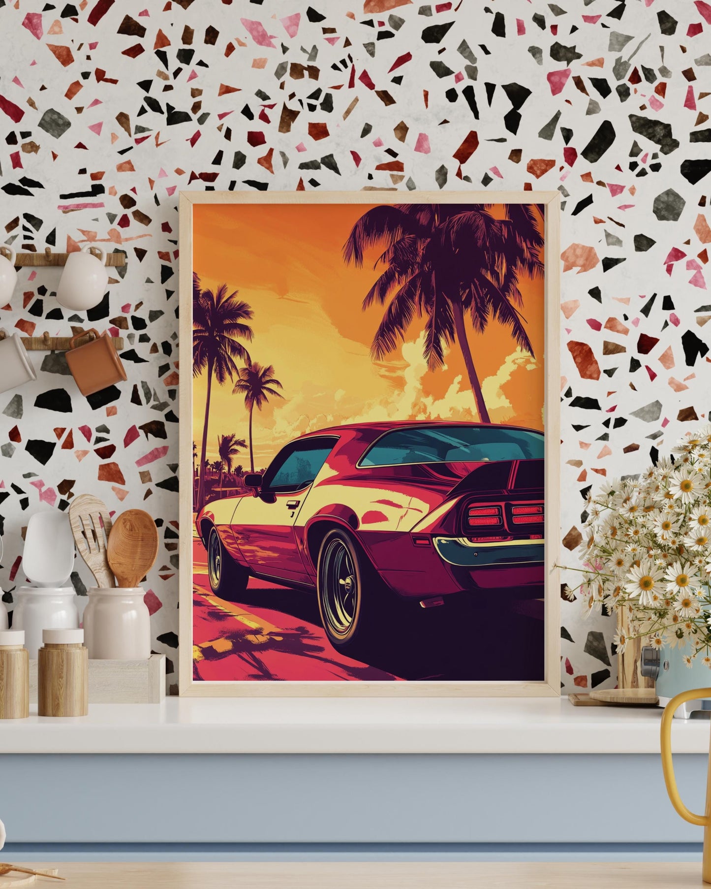 Retro Beach Car Poster Art, Vintage Car Wall Decor, Matte Vertical Print for Car Lovers, Automotive Gift, Tropical Vibes Decor