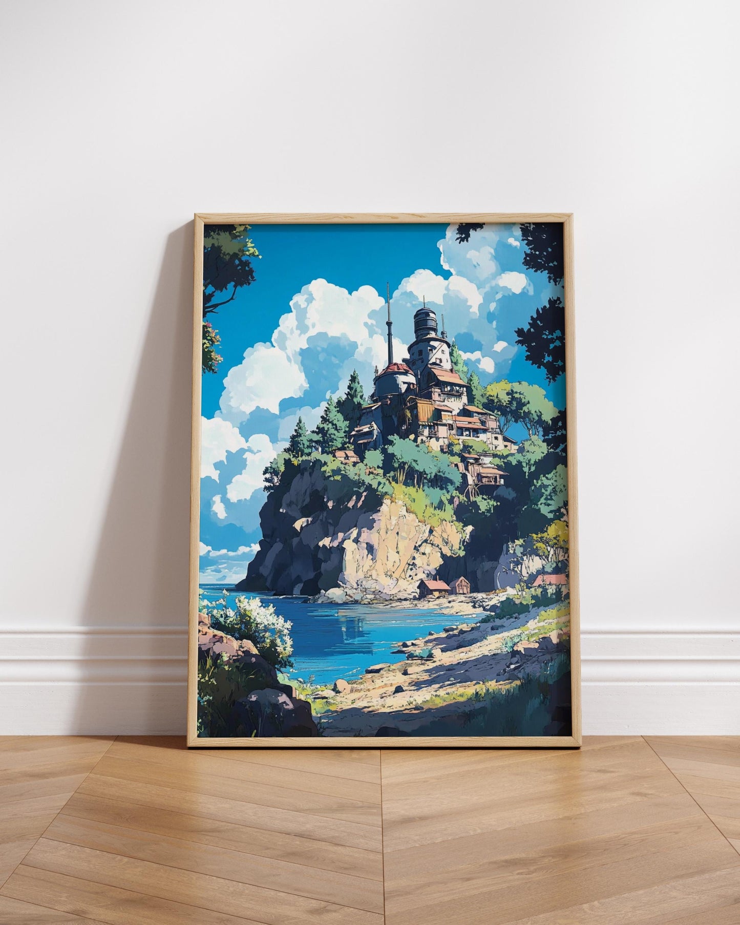 Serene Landscape Anime Poster, Nature Wall Art, Coastal Decor, Gift for Home, Aesthetic Art Print, Gallery Wall Accent | Ghibli Style