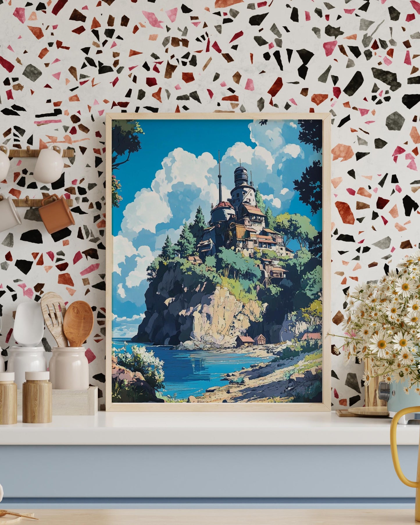 Serene Landscape Anime Poster, Nature Wall Art, Coastal Decor, Gift for Home, Aesthetic Art Print, Gallery Wall Accent | Ghibli Style