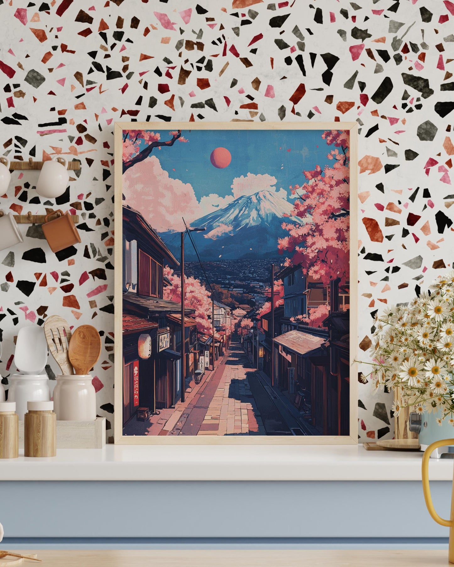 Serene Charry Blossom Mountain Scene Matte Vertical Poster | Japanese Art Print, Wall Decor, Home Aesthetic, Gift for Nature Lovers