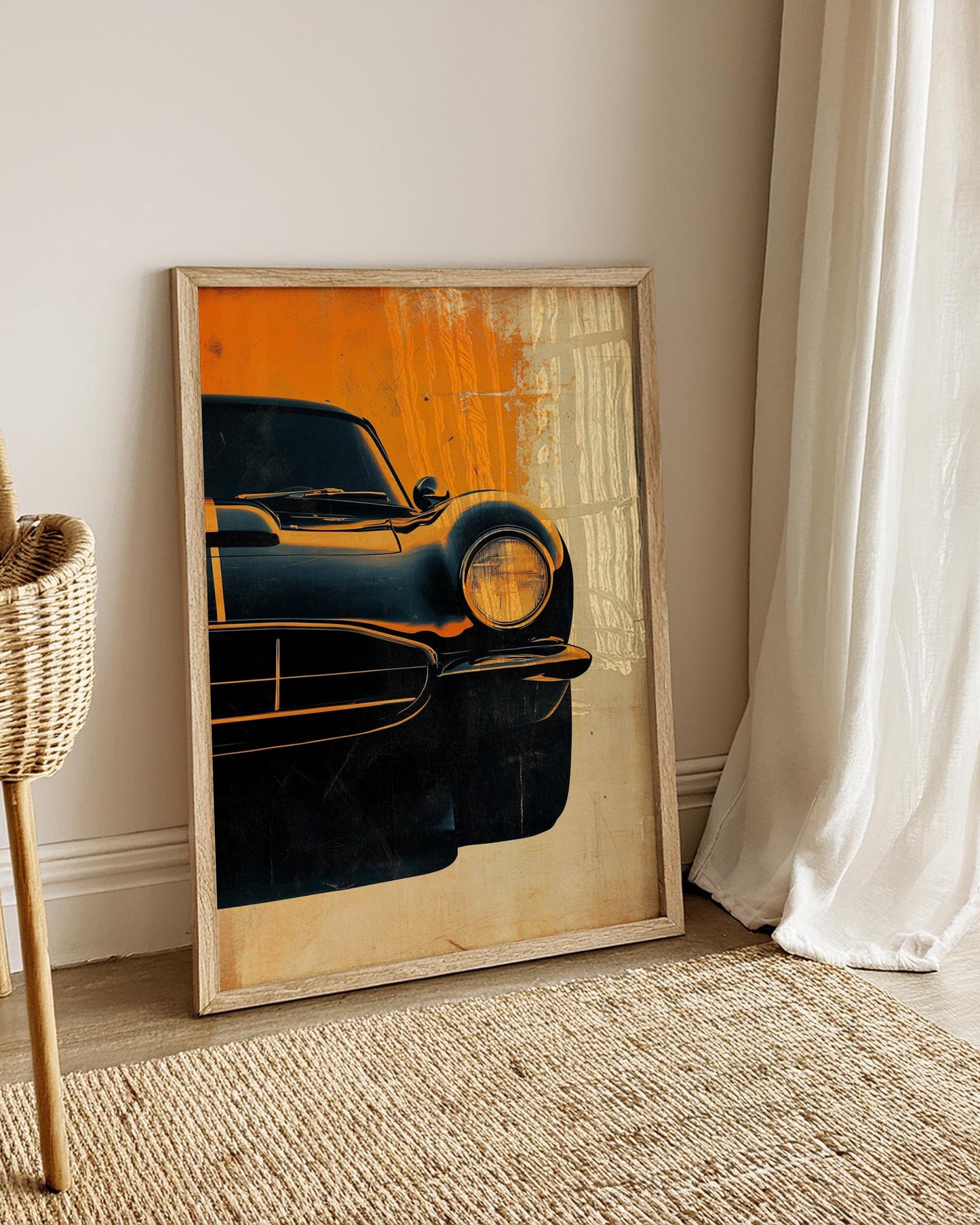 Vintage Sports Car Poster – Gritty Front-End Auto Art Print, Retro Muscle Car Wall Decor, Classic Ride Gift, Bold Orange Garage Art