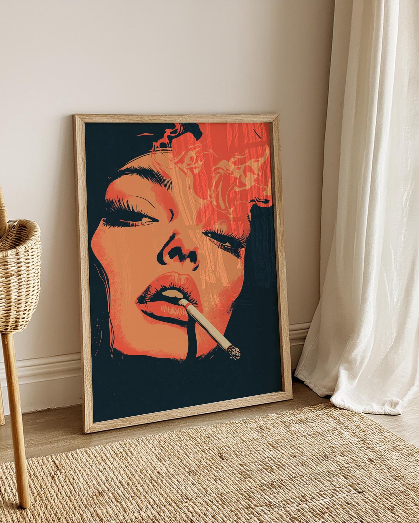 Retro Smoking Woman Wall Art – Bold Pop Art Poster – 70s Aesthetic Illustration Print for Lounge, Bar, or Alternative Room Decor