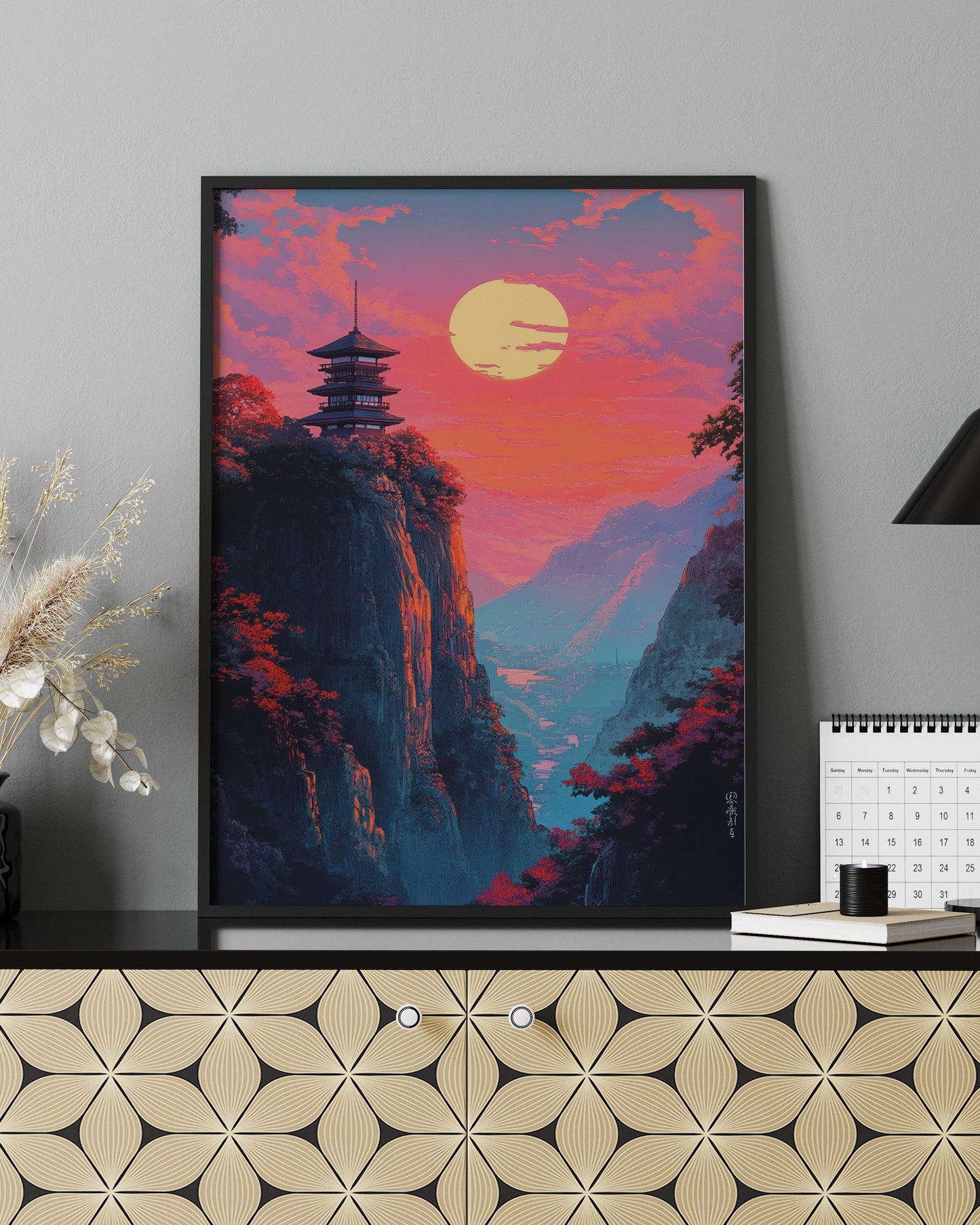 Serene Landscape Poster - Asian Inspired Wall Art, Home Decor, Gift for Nature Lovers, Meditation Aesthetic, Colorful Sunset