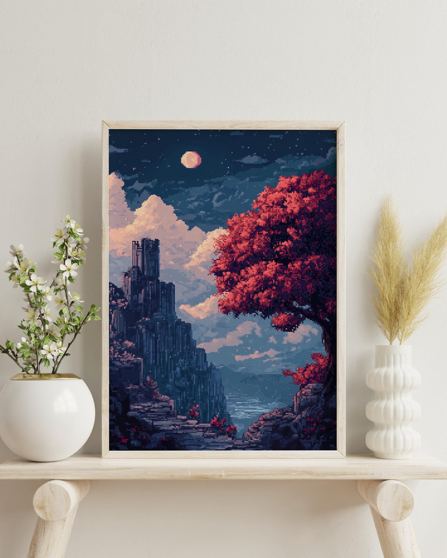 8 bit Pixel Art Landscape Poster, Matte Vertical Wall Art, Home Decor, Vintage Art Print, Gift for Art Lovers, Cozy Aesthetic Decorations