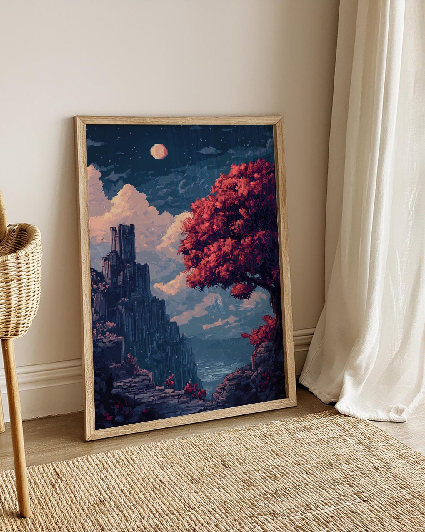 8 bit Pixel Art Landscape Poster, Matte Vertical Wall Art, Home Decor, Vintage Art Print, Gift for Art Lovers, Cozy Aesthetic Decorations