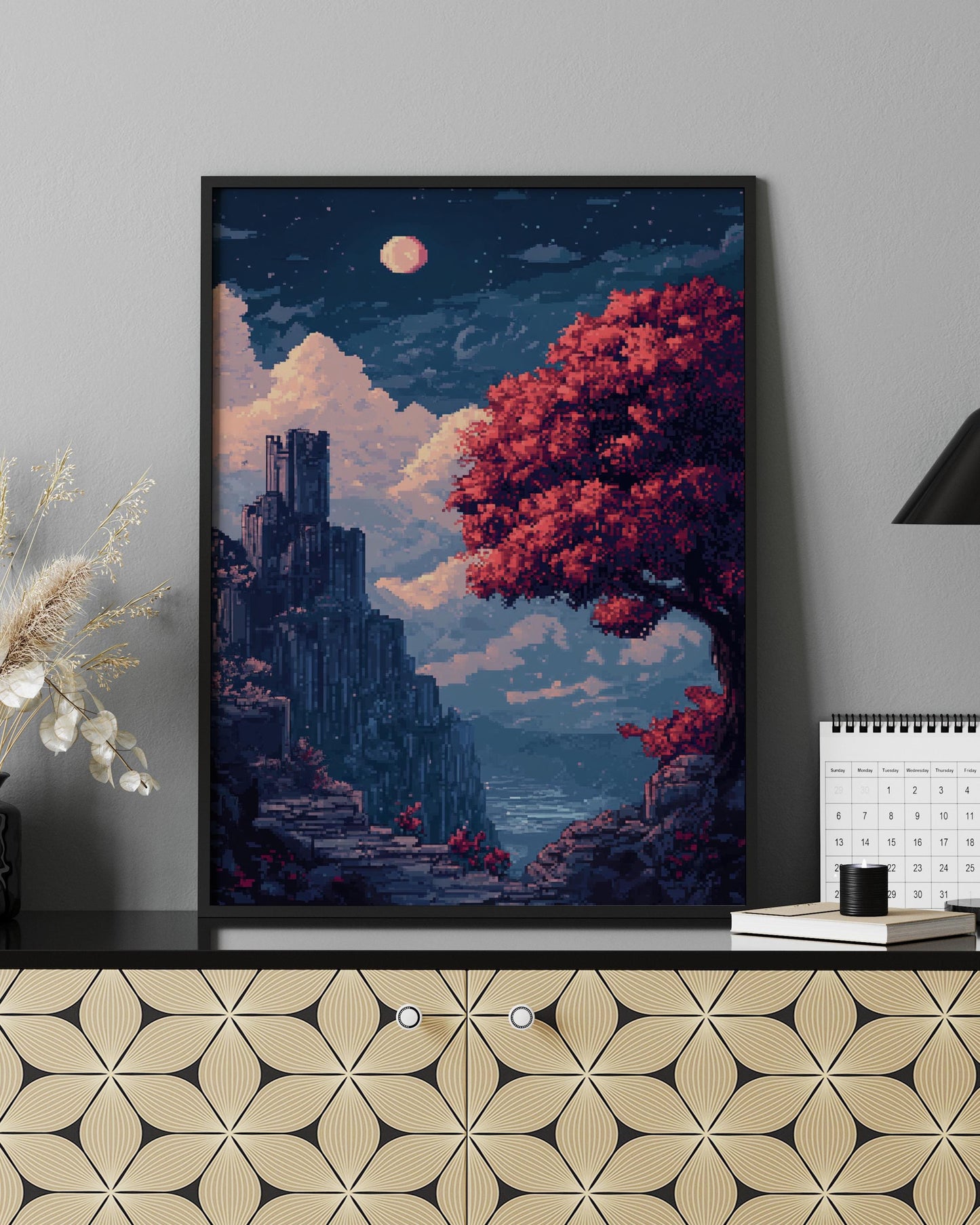 8 bit Pixel Art Landscape Poster, Matte Vertical Wall Art, Home Decor, Vintage Art Print, Gift for Art Lovers, Cozy Aesthetic Decorations