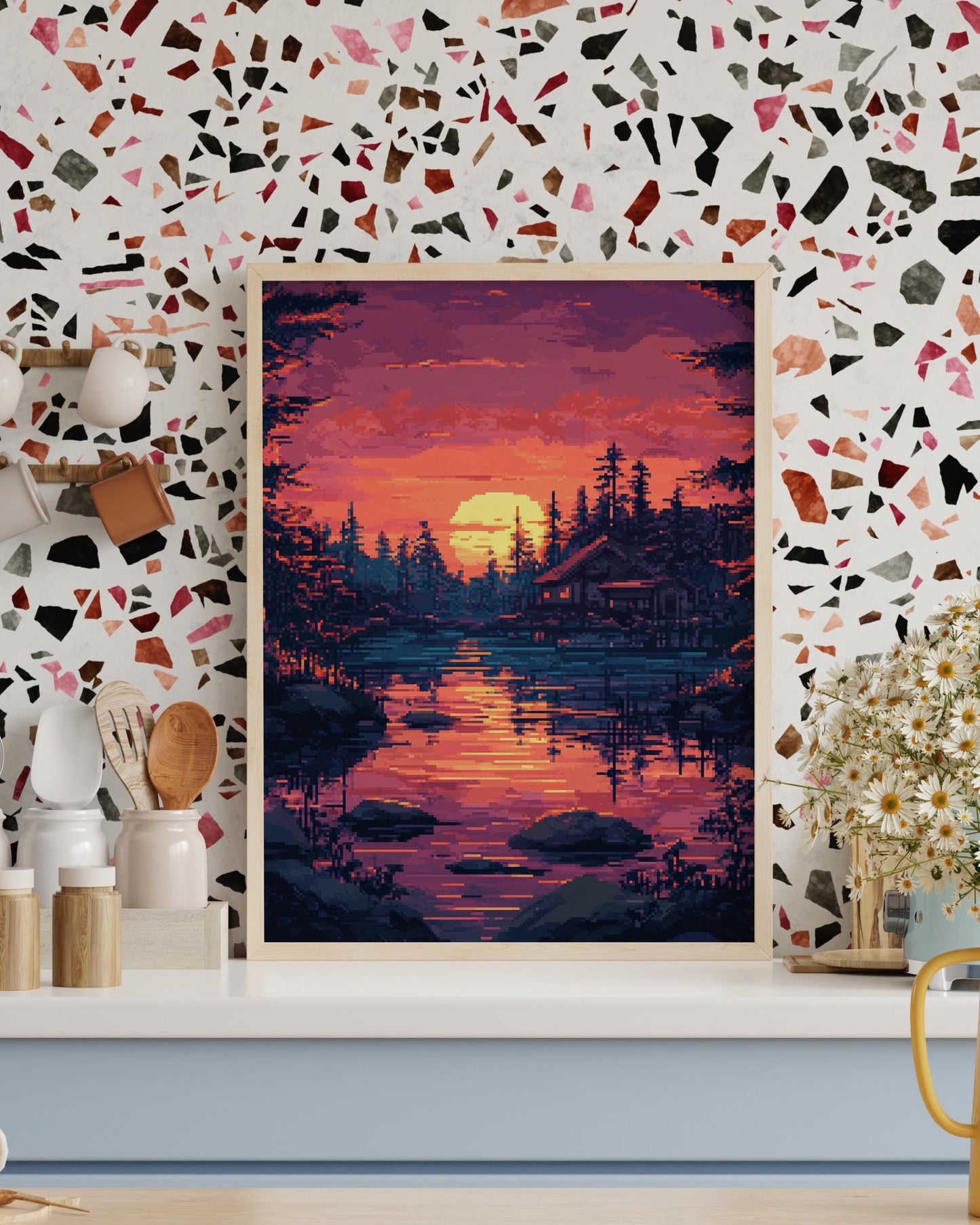 8 Bit Nature-Inspired Matte Vertical Poster | Sunset Scene Wall Art, Home Decor, Gift for Art Lovers, Cozy Living Space Accent