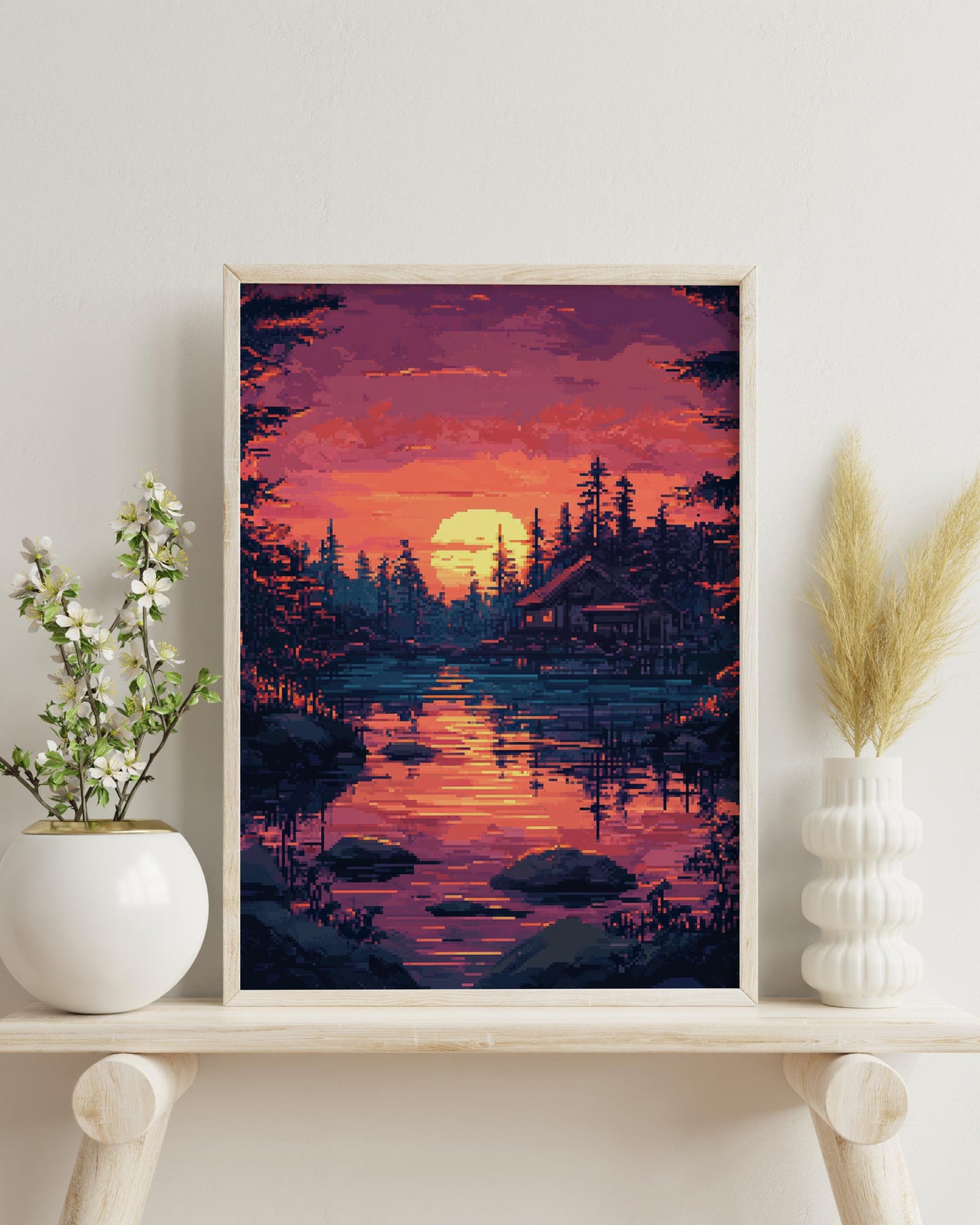 8 Bit Nature-Inspired Matte Vertical Poster | Sunset Scene Wall Art, Home Decor, Gift for Art Lovers, Cozy Living Space Accent