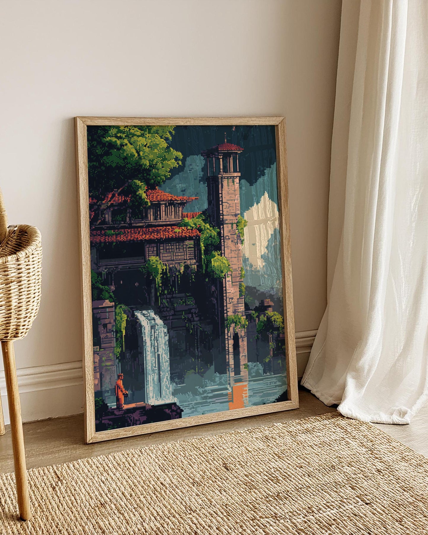 8-Bit Castle Waterfall Poster – Pixel Art Fantasy Wall Print, Retro Pixel Temple Landscape, Vintage Game Style Nature Decor