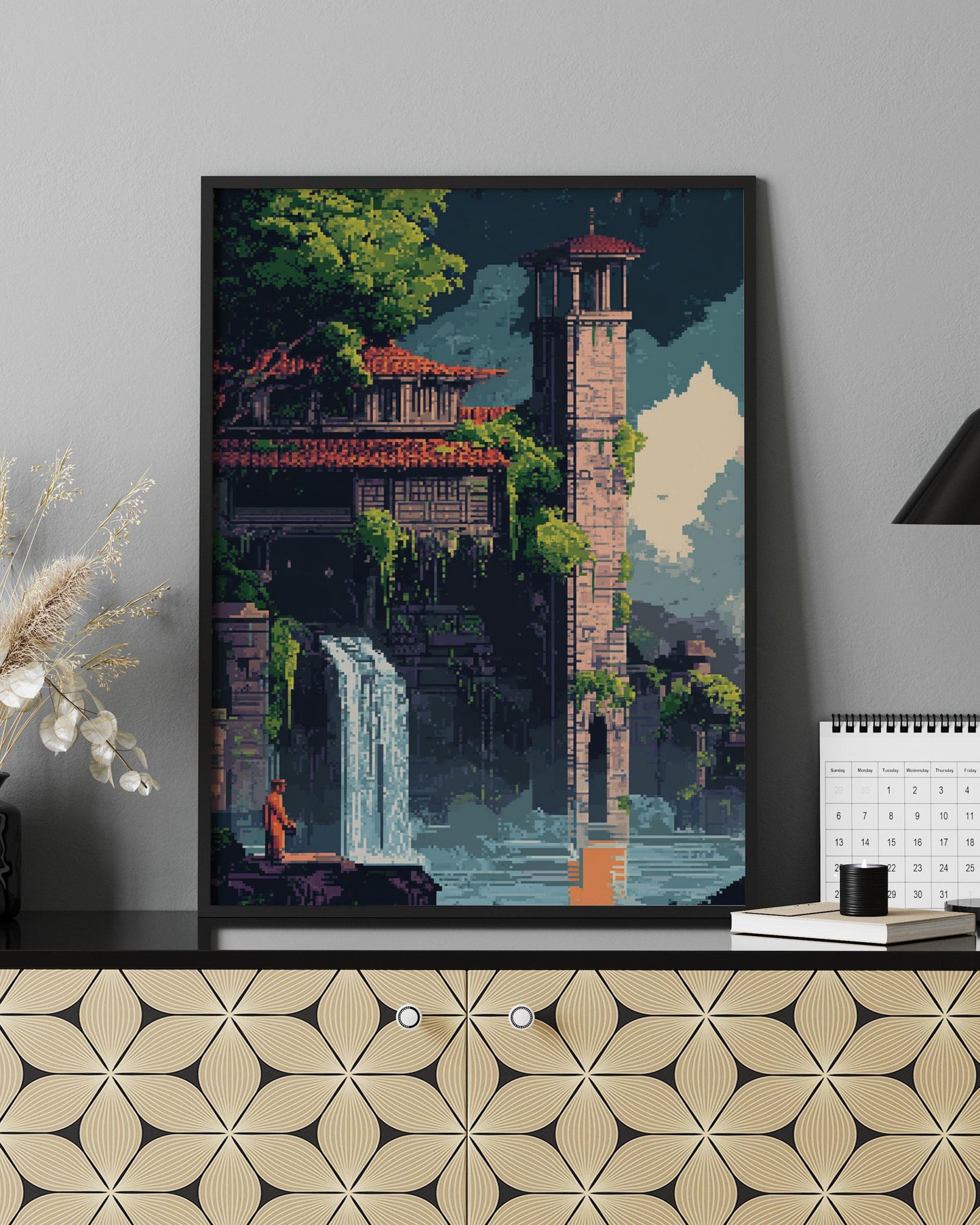 8-Bit Castle Waterfall Poster – Pixel Art Fantasy Wall Print, Retro Pixel Temple Landscape, Vintage Game Style Nature Decor