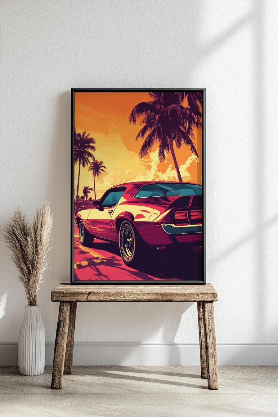 Retro Beach Car Poster Art, Vintage Car Wall Decor, Matte Vertical Print for Car Lovers, Automotive Gift, Tropical Vibes Decor