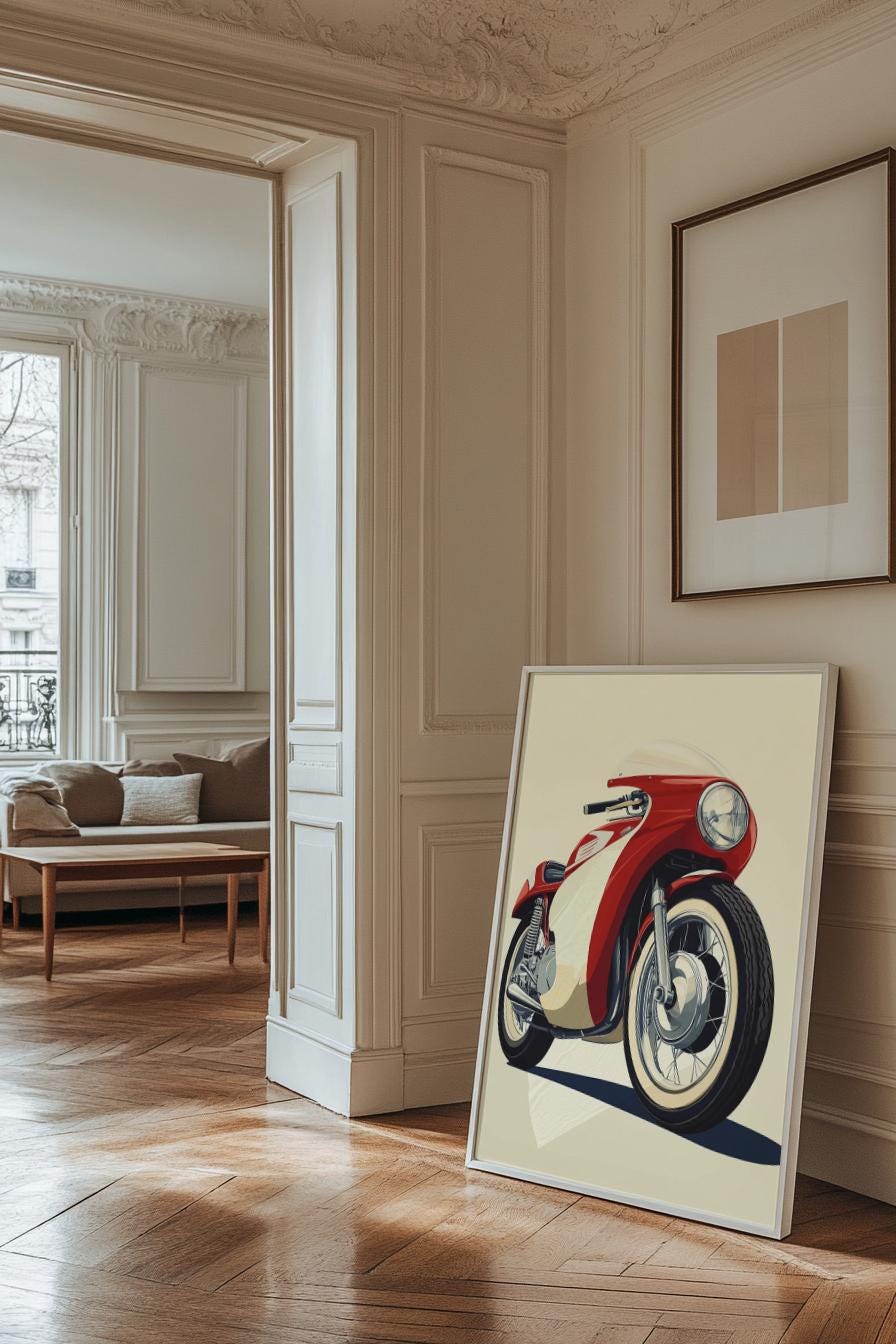 Retro Motorcycle Poster – Vintage Racer Bike Wall Art, Classic Red and Cream Moto Print, Minimalist Garage Decor for Motorbike Fans