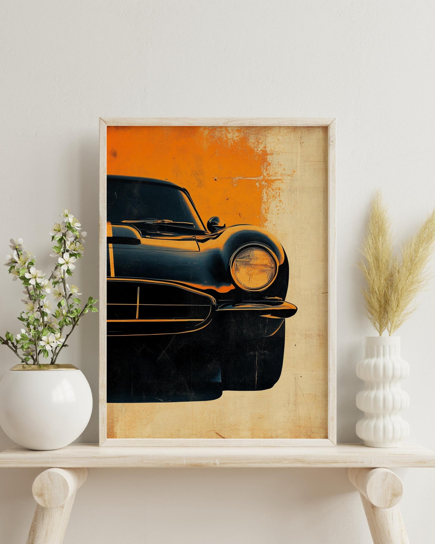 Vintage Sports Car Poster – Gritty Front-End Auto Art Print, Retro Muscle Car Wall Decor, Classic Ride Gift, Bold Orange Garage Art