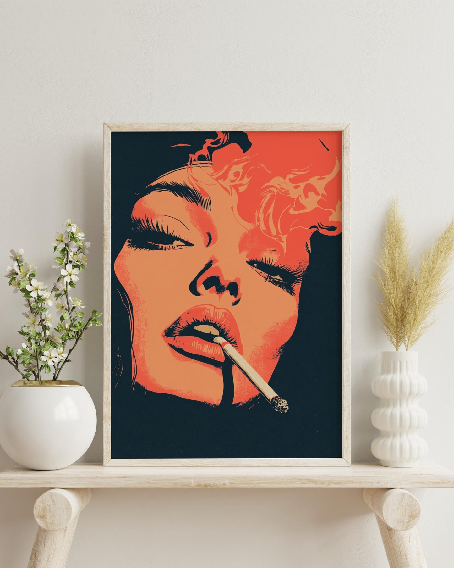 Retro Smoking Woman Wall Art – Bold Pop Art Poster – 70s Aesthetic Illustration Print for Lounge, Bar, or Alternative Room Decor