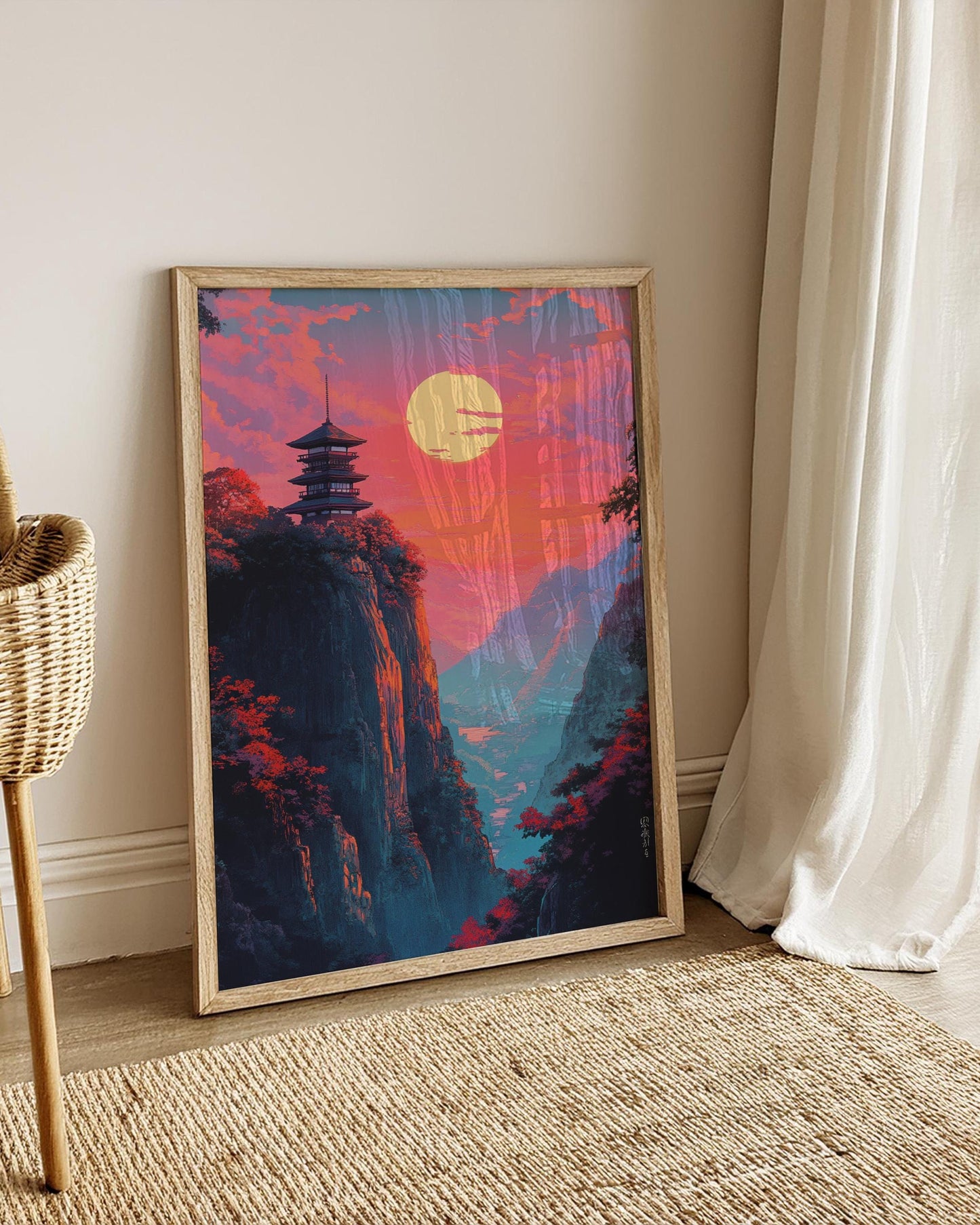 Serene Landscape Poster - Asian Inspired Wall Art, Home Decor, Gift for Nature Lovers, Meditation Aesthetic, Colorful Sunset