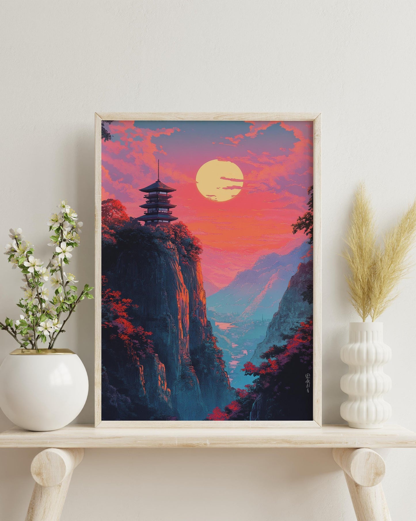 Serene Landscape Poster - Asian Inspired Wall Art, Home Decor, Gift for Nature Lovers, Meditation Aesthetic, Colorful Sunset