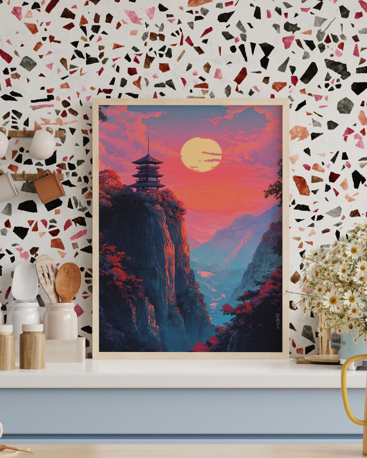 Serene Landscape Poster - Asian Inspired Wall Art, Home Decor, Gift for Nature Lovers, Meditation Aesthetic, Colorful Sunset