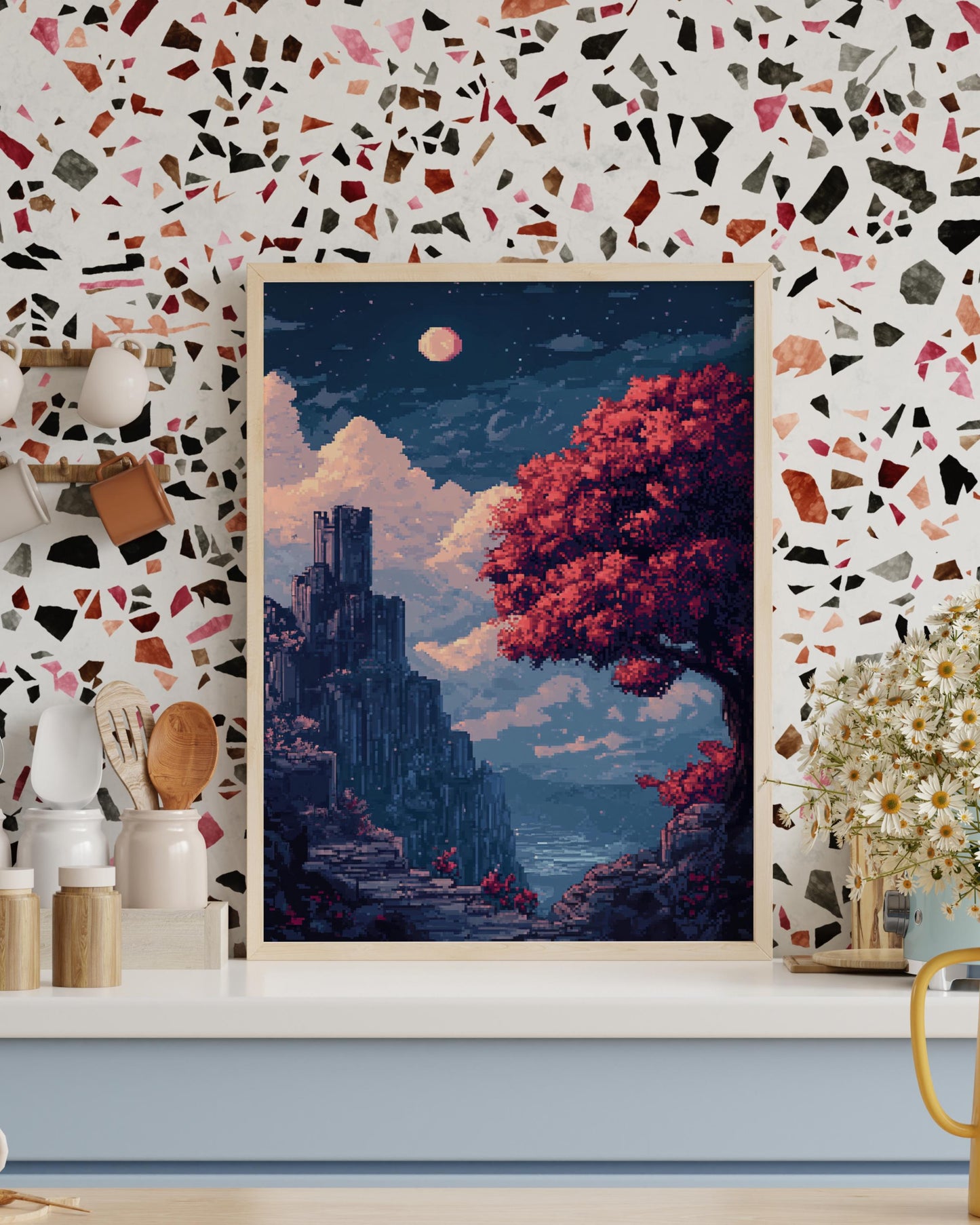 8 bit Pixel Art Landscape Poster, Matte Vertical Wall Art, Home Decor, Vintage Art Print, Gift for Art Lovers, Cozy Aesthetic Decorations