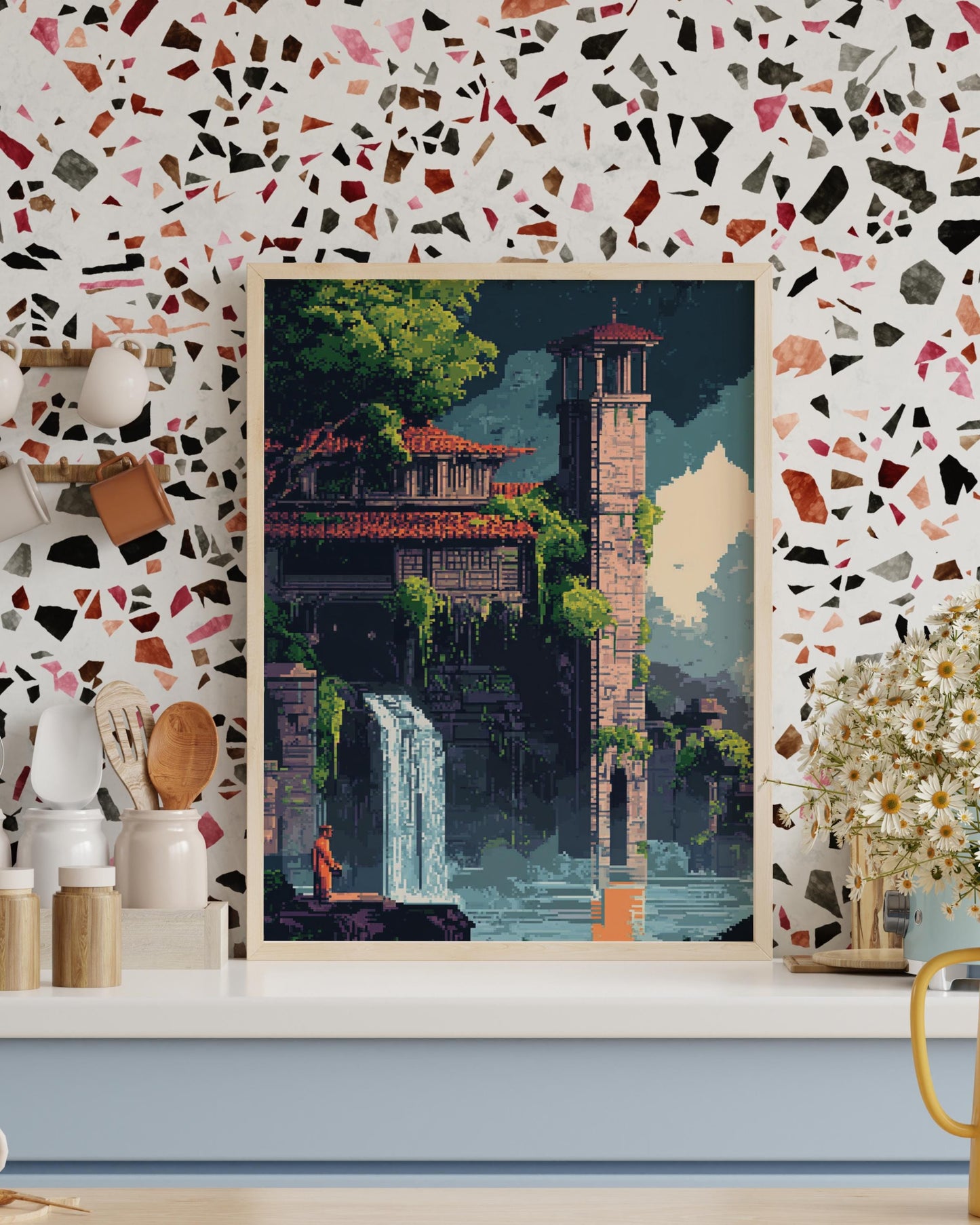8-Bit Castle Waterfall Poster – Pixel Art Fantasy Wall Print, Retro Pixel Temple Landscape, Vintage Game Style Nature Decor