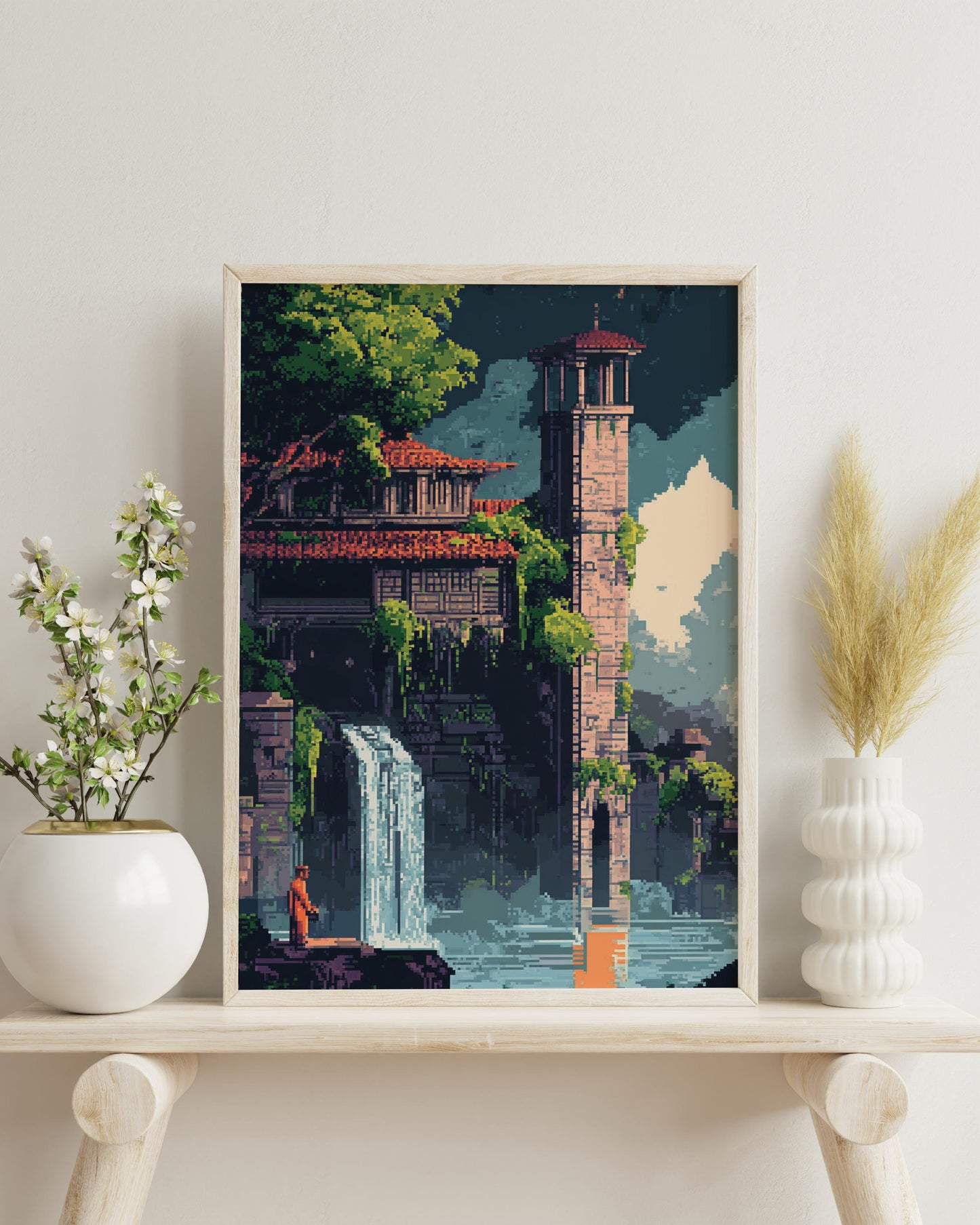 8-Bit Castle Waterfall Poster – Pixel Art Fantasy Wall Print, Retro Pixel Temple Landscape, Vintage Game Style Nature Decor