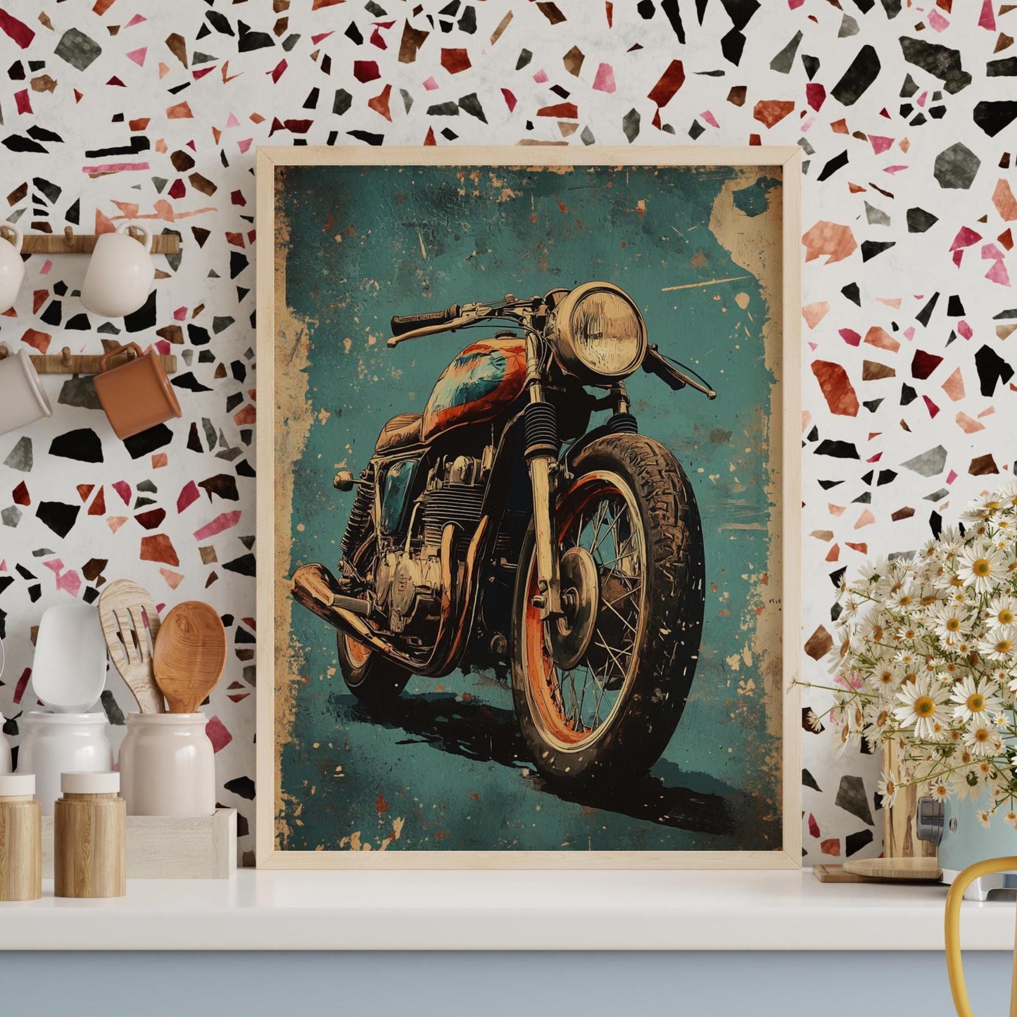 Rustic Cafe Racer Poster – Vintage Motorcycle Wall Art, Retro Garage Decor, Grunge Bike Print, Industrial Biker Gift for Him