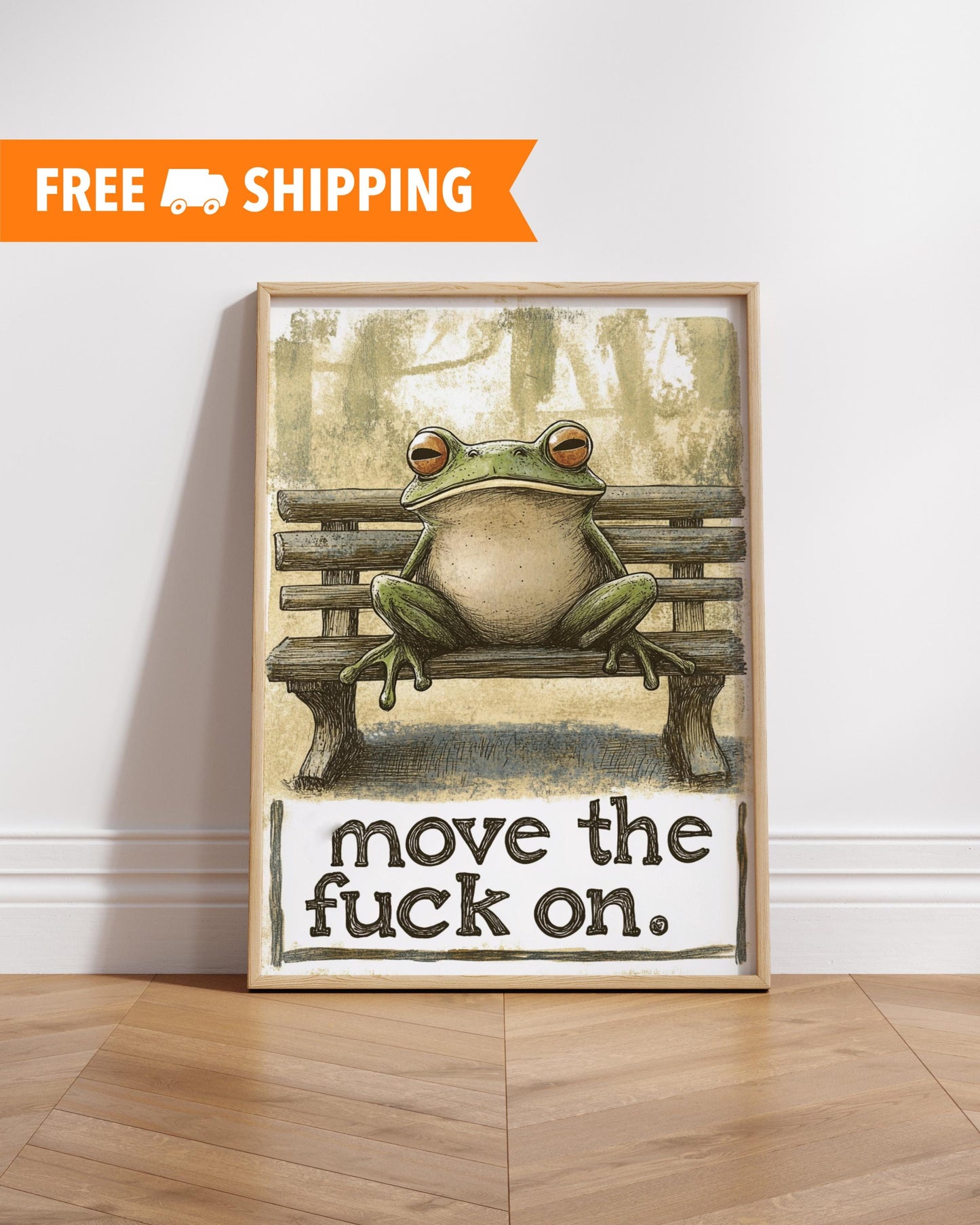 Whimsical Frog Art Poster - "Move the F**k On" - Funny Wall Decor, Unique Gift, Home Art, Motivational Print, Frog Lovers