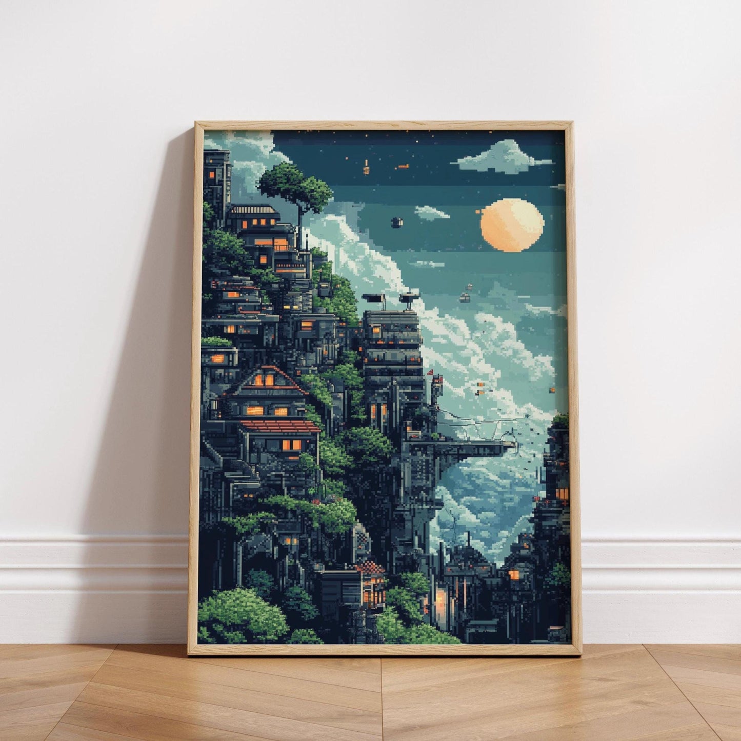 8-Bit Futuristic City Poster – Pixel Art Sci-Fi Wall Print, Retro Urban Cliff Landscape, Cyber Village Night Scene Decor
