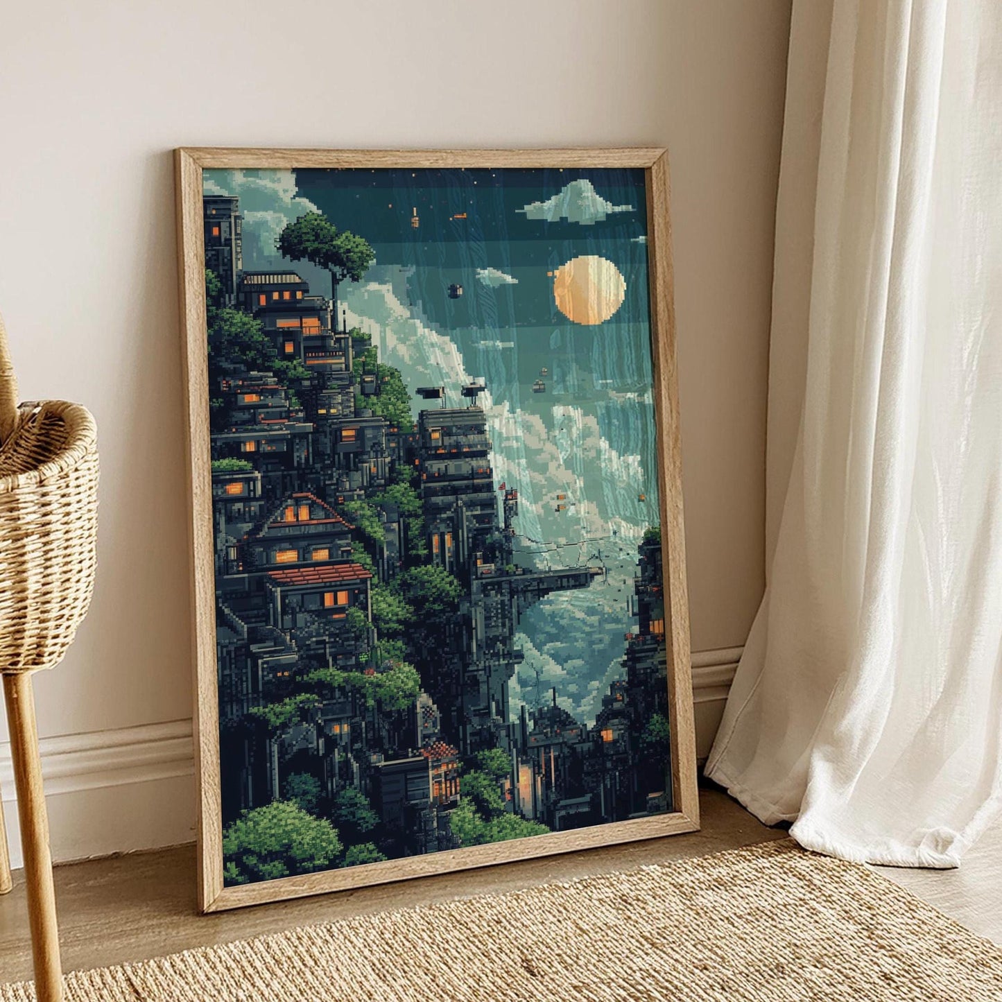 8-Bit Futuristic City Poster – Pixel Art Sci-Fi Wall Print, Retro Urban Cliff Landscape, Cyber Village Night Scene Decor