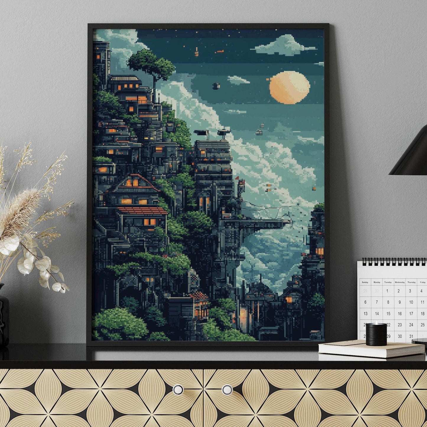 8-Bit Futuristic City Poster – Pixel Art Sci-Fi Wall Print, Retro Urban Cliff Landscape, Cyber Village Night Scene Decor