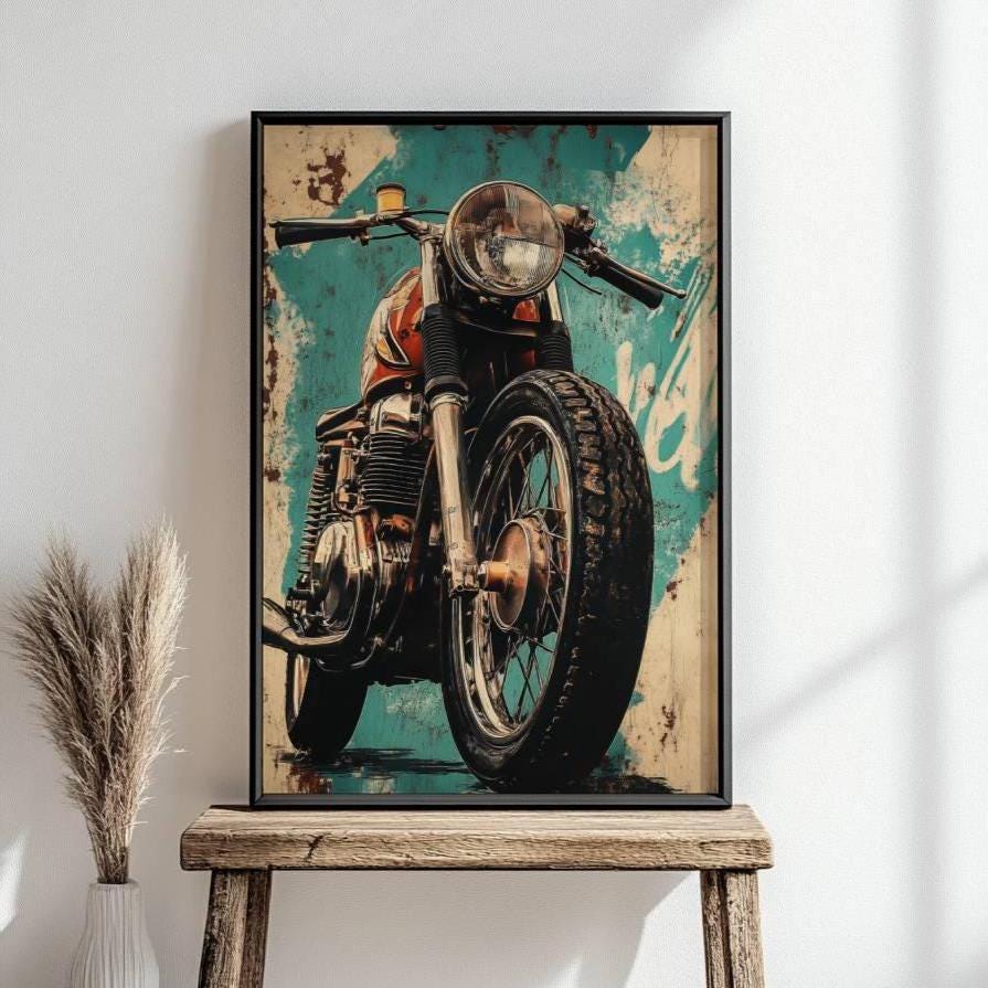 Vintage Cafe Racer Poster – Grunge Motorcycle Wall Art, Rustic Garage Decor, Bold Bike Print, Retro Biker Gift, Industrial Vibes