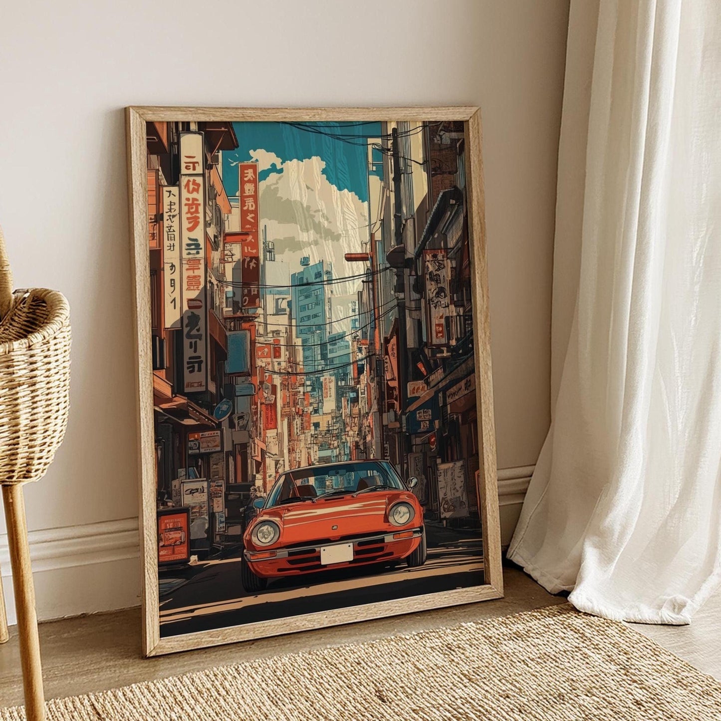 Retro Car in Tokyo Street Poster – Japanese Cityscape Wall Art, Classic Auto Print, Urban Anime Decor, JDM Inspired Gift for Him