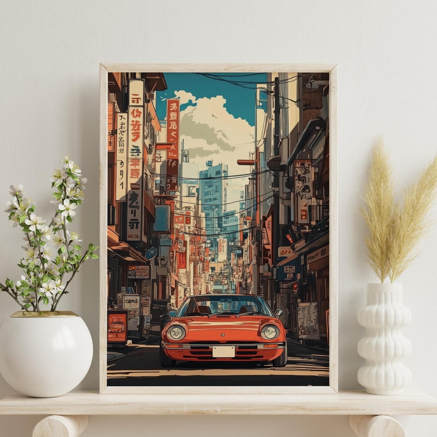 Retro Car in Tokyo Street Poster – Japanese Cityscape Wall Art, Classic Auto Print, Urban Anime Decor, JDM Inspired Gift for Him