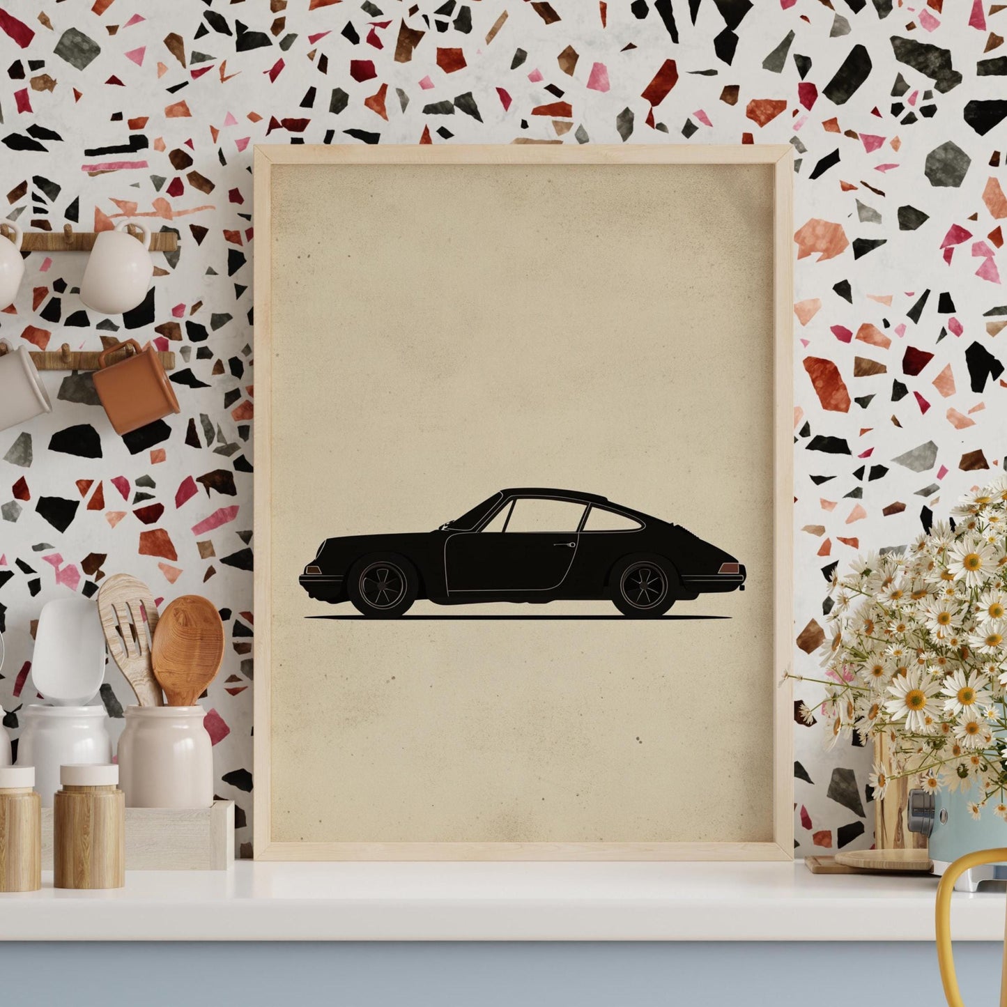 Classic Sports Car Silhouette Poster – Minimalist Wall Art, Vintage Auto Print, Retro Garage Decor, Matte Black Car Gift for Him