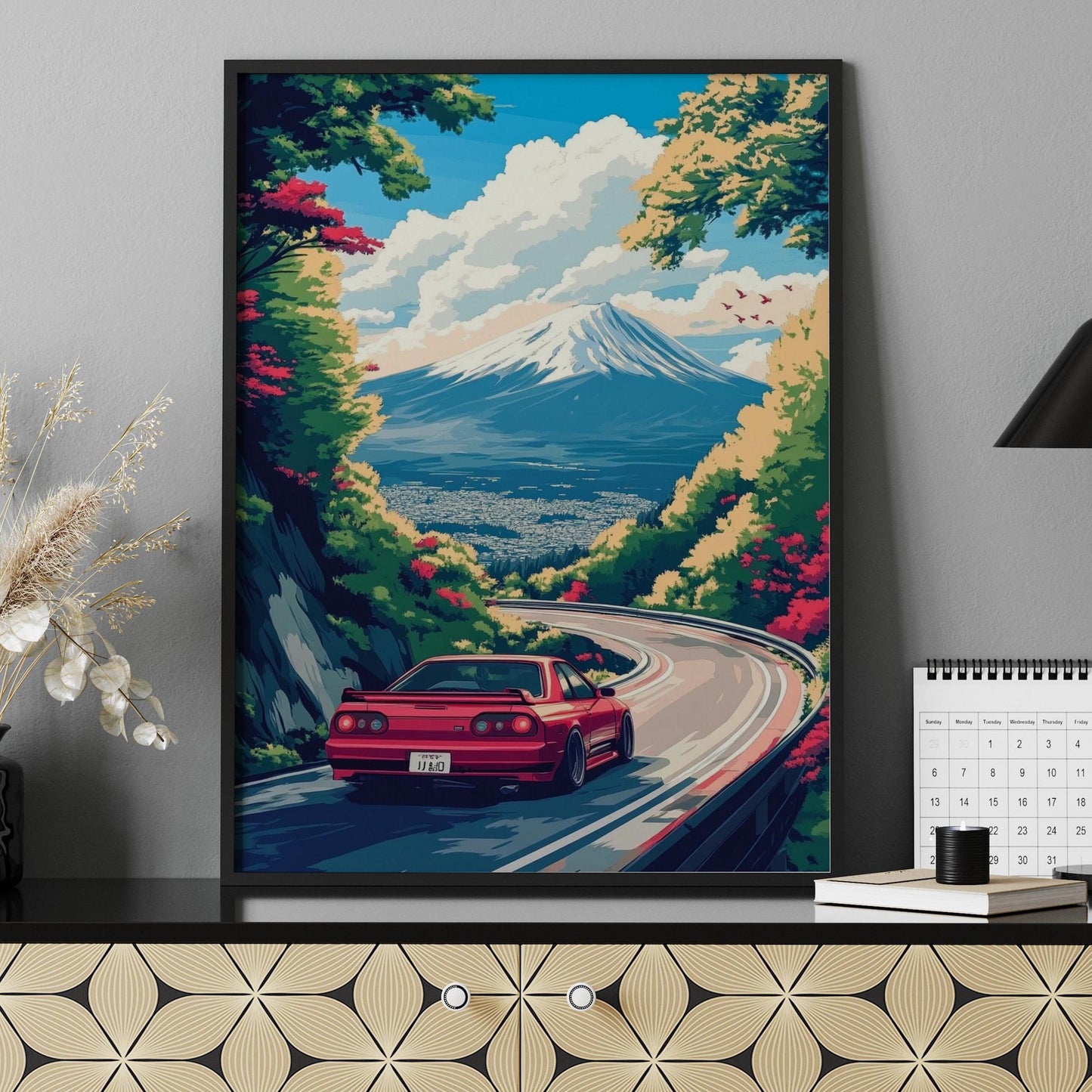 JDM Car Art Print with Mount Fuji – Aesthetic Japanese Skyline Poster, Red Sports Car Wall Decor, Retro Drift Scene, JDM Lover Gift