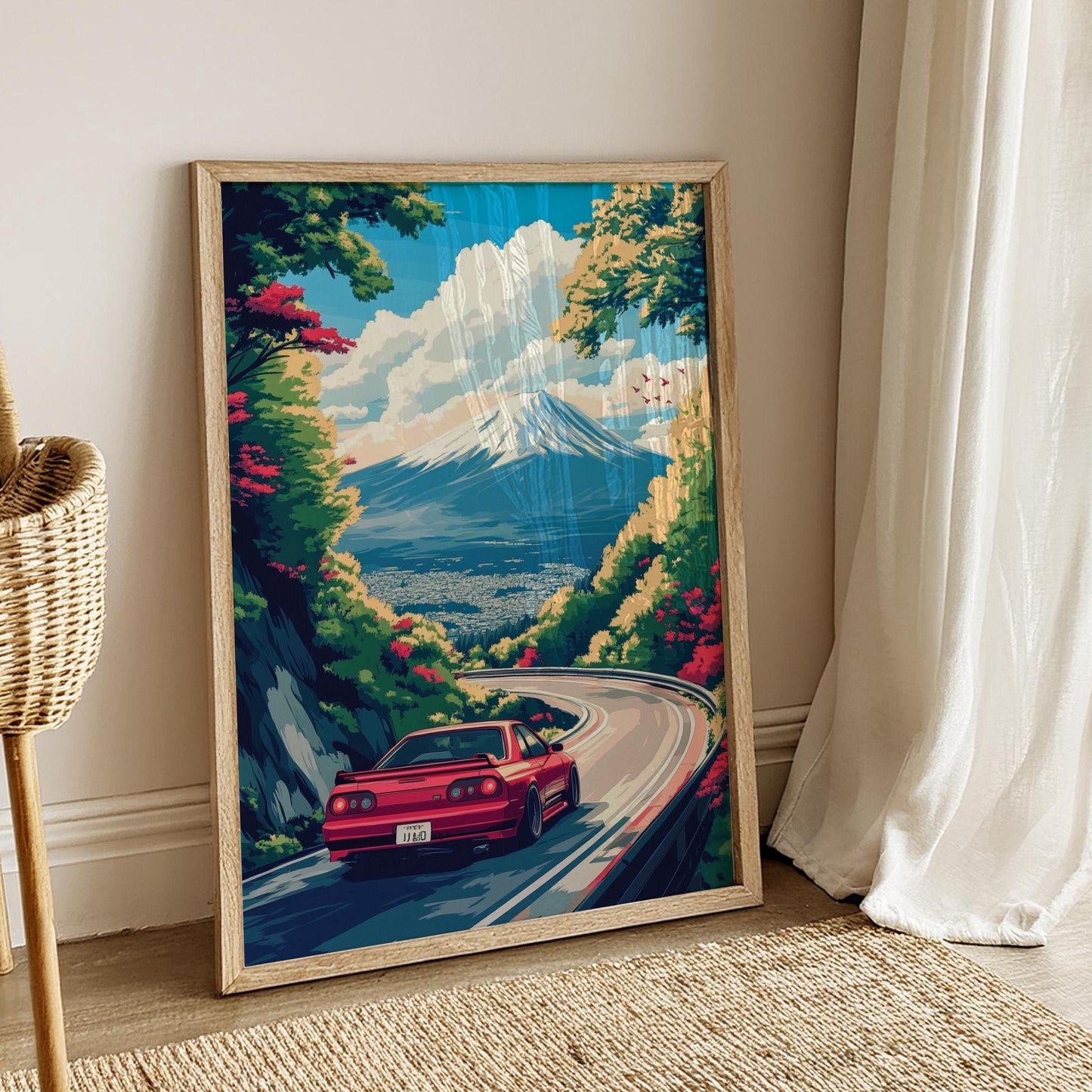 JDM Car Art Print with Mount Fuji – Aesthetic Japanese Skyline Poster, Red Sports Car Wall Decor, Retro Drift Scene, JDM Lover Gift