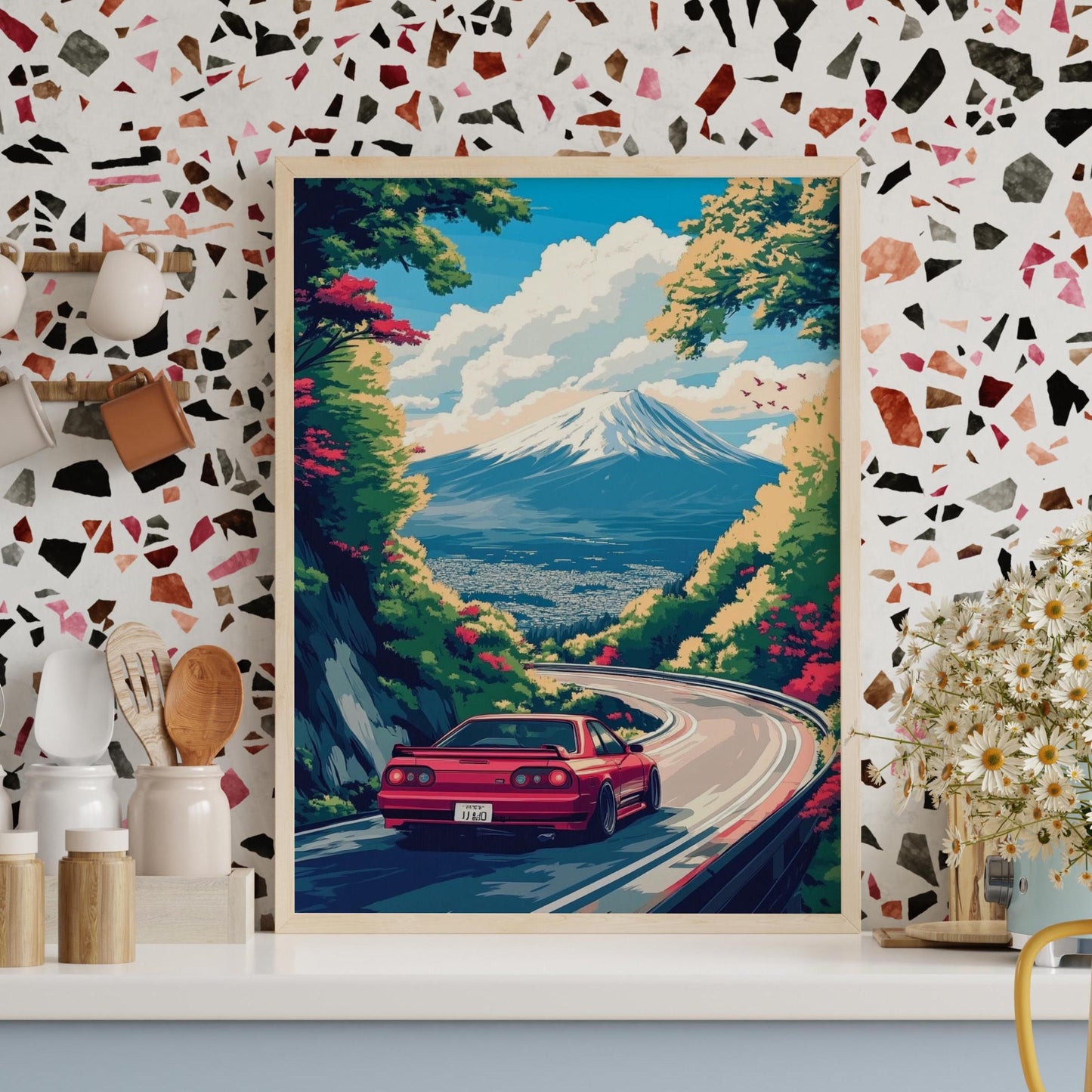 JDM Car Art Print with Mount Fuji – Aesthetic Japanese Skyline Poster, Red Sports Car Wall Decor, Retro Drift Scene, JDM Lover Gift