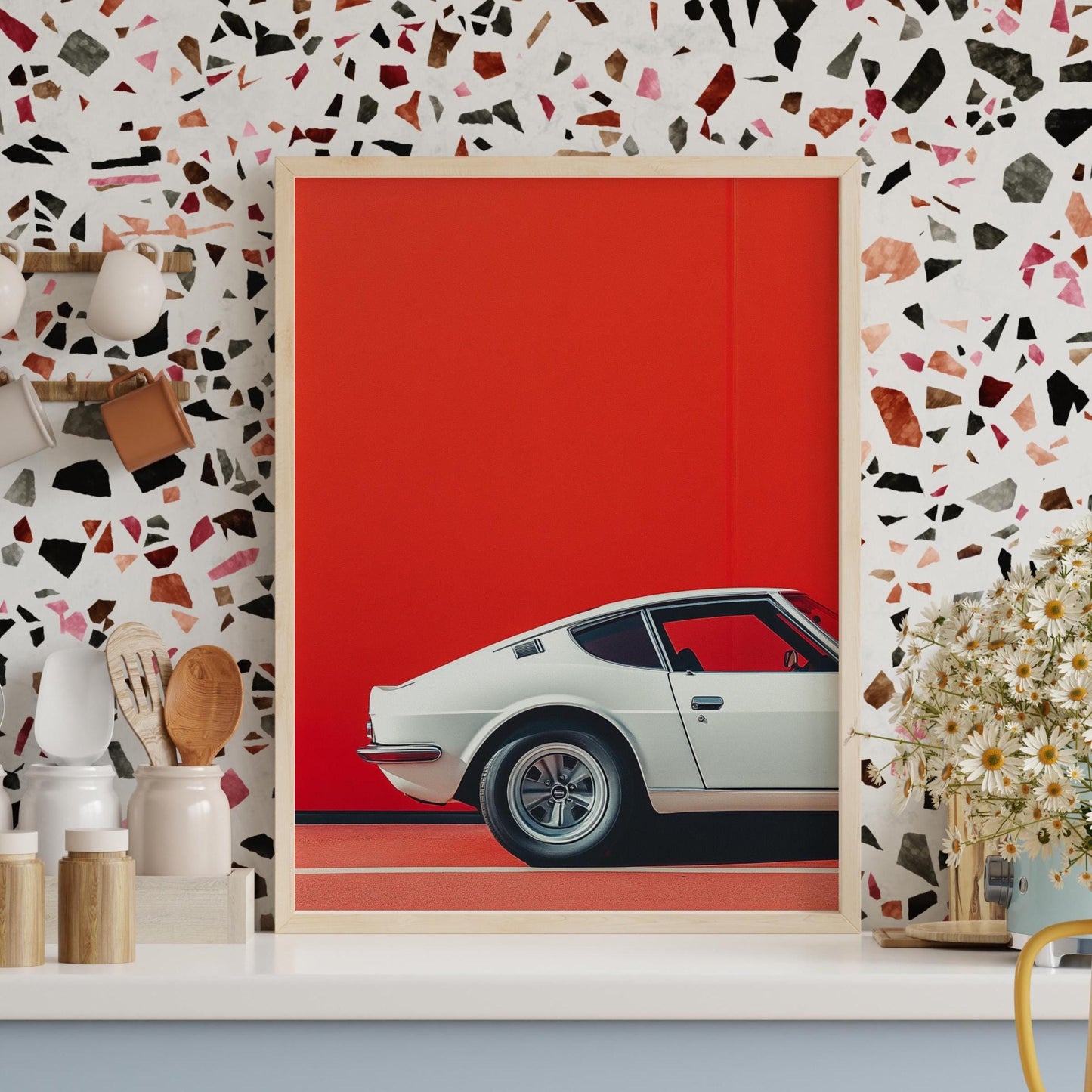 Minimalist Sports Car Poster – Modern Retro Wall Art, White Coupe Auto Print, Red Background Decor, Cool Driver Gift for Car Lovers
