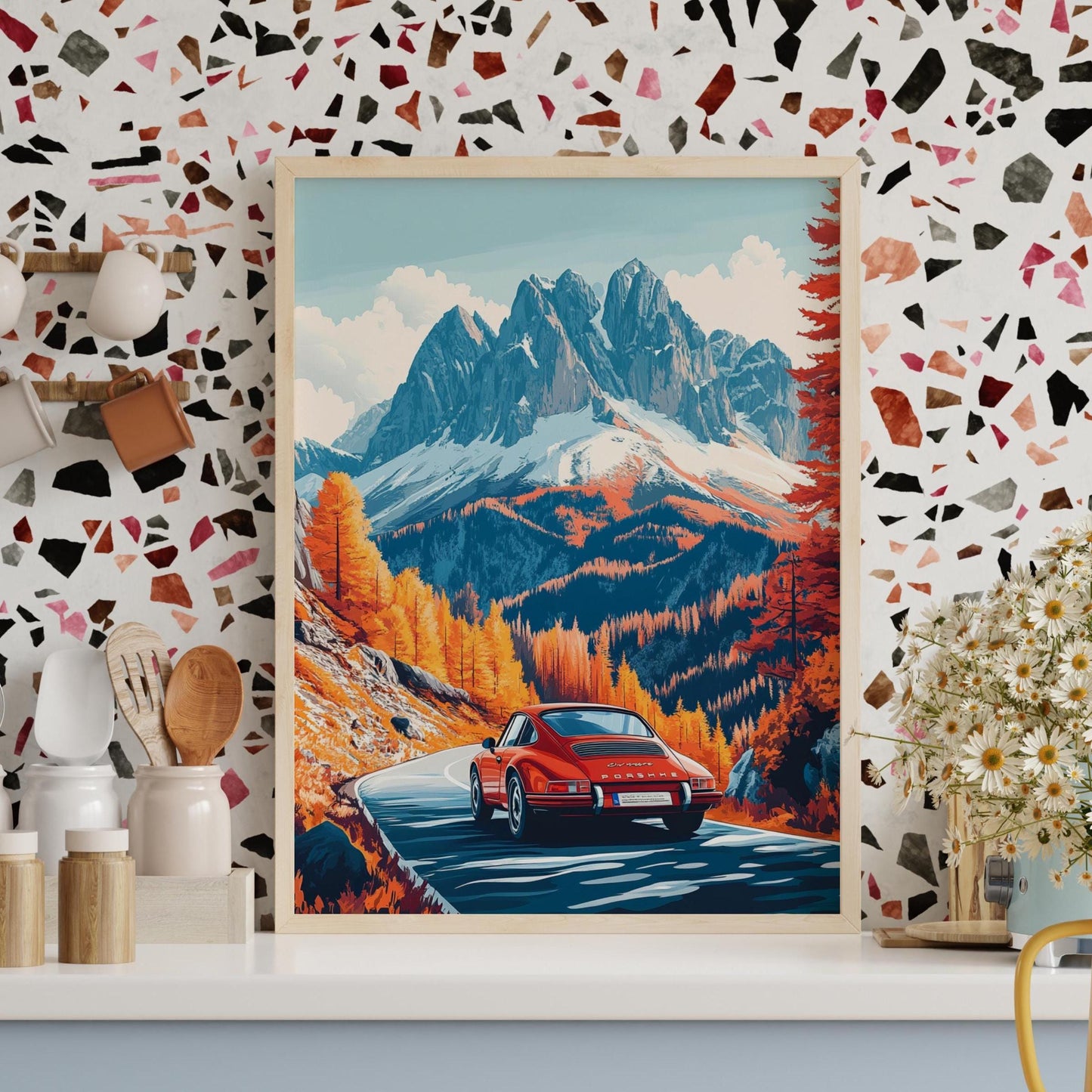 German Sports Car Alpine Drive Poster – Scenic Mountain Road Wall Art, Fall Landscape Print, Classic Car Decor, Retro Adventure Gift