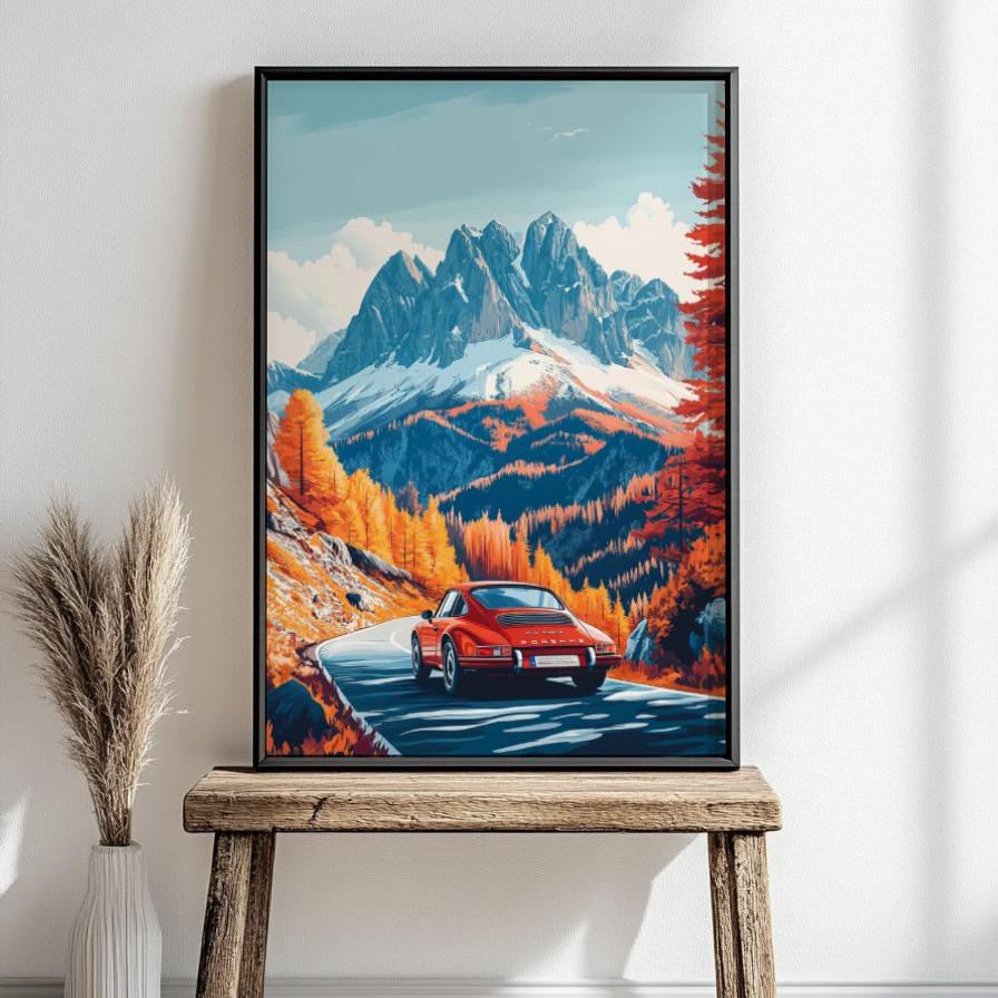 German Sports Car Alpine Drive Poster – Scenic Mountain Road Wall Art, Fall Landscape Print, Classic Car Decor, Retro Adventure Gift