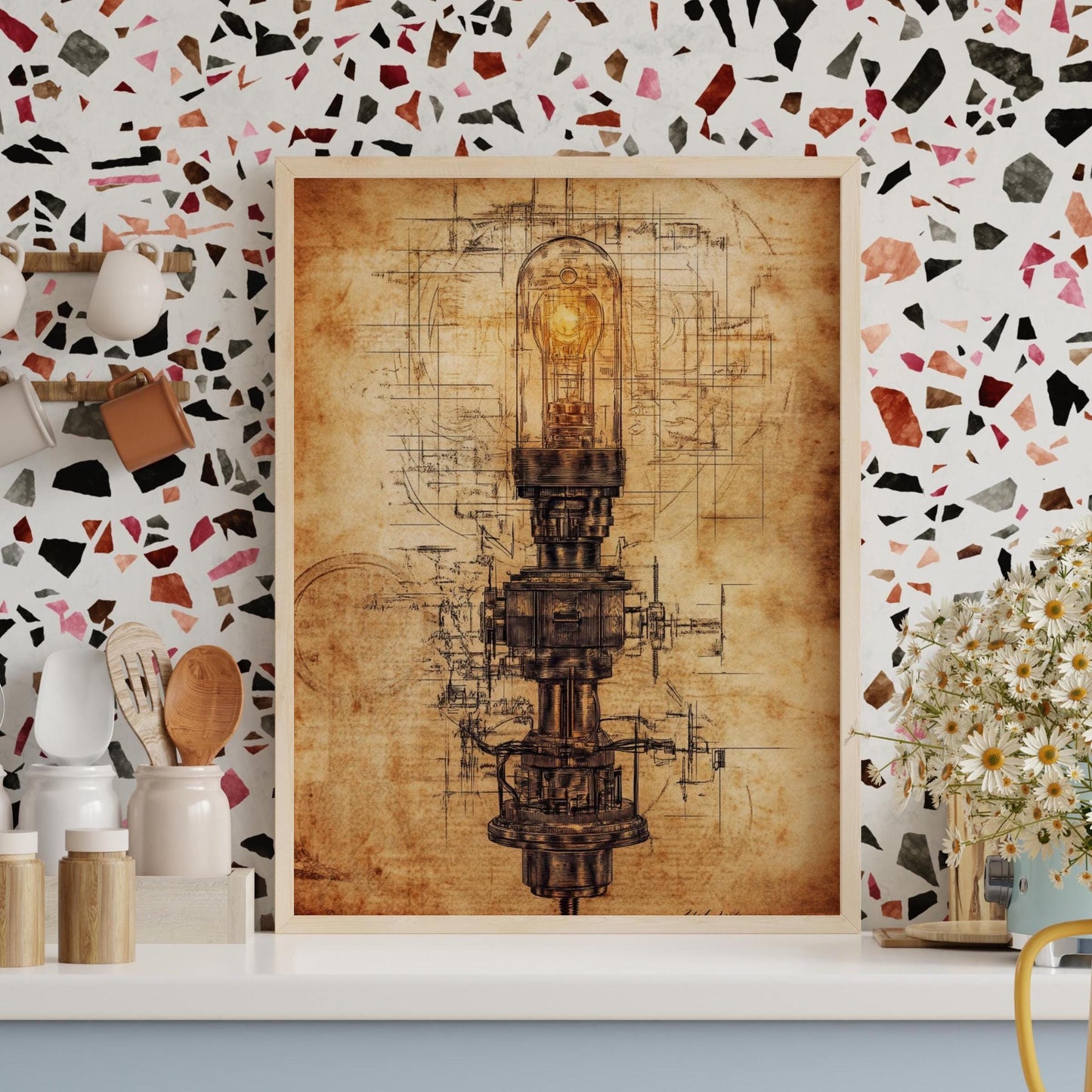 Vintage Industrial Patent Style Light Poster, Retro Wall Art, Steampunk Home Decor, Unique Gift for Engineers, Rustic Office Decoration