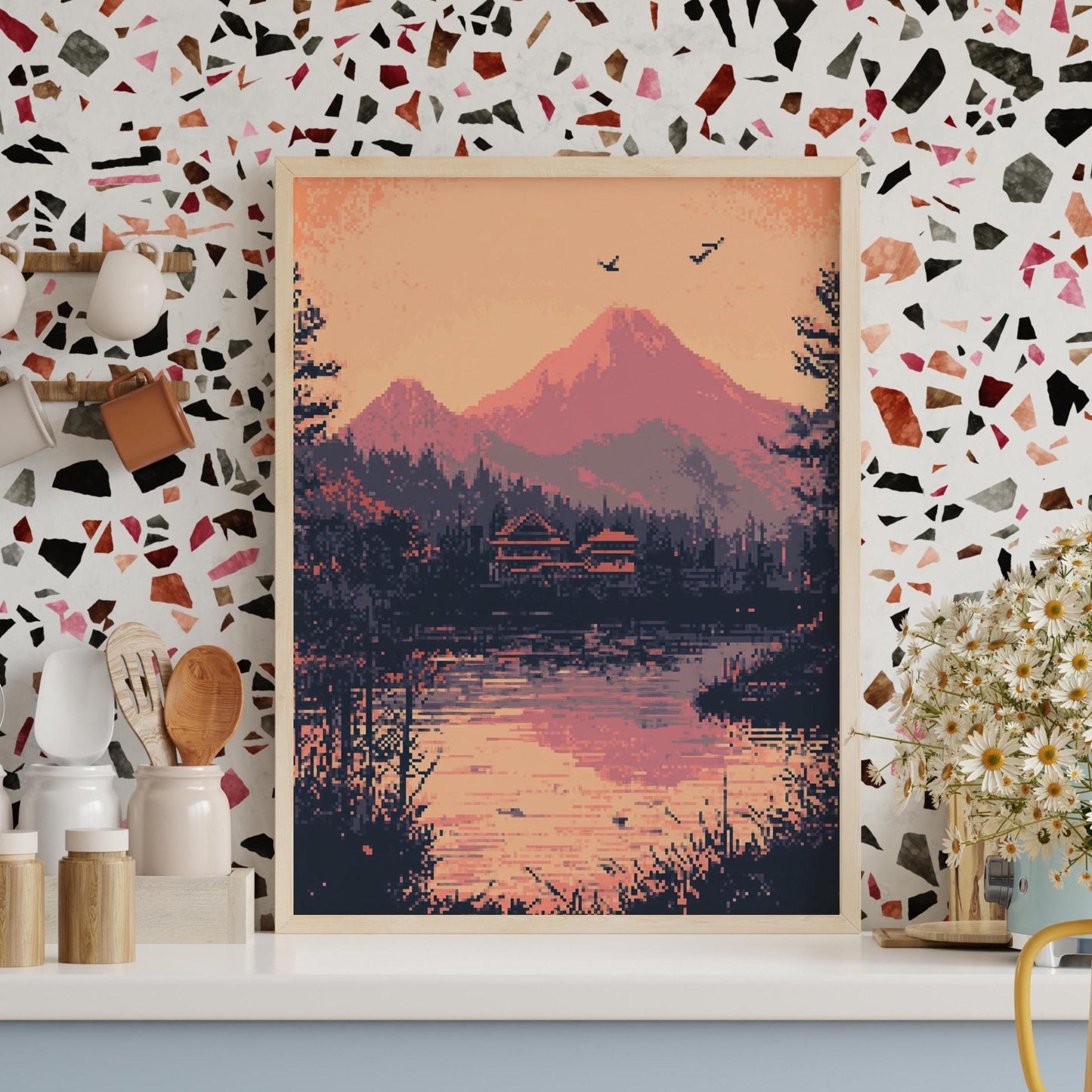 Pixel Art Mountain Sunset Poster – Aesthetic 8-Bit Landscape Print with Lake Reflection, Retro Gaming Wall Decor for Cozy Spaces