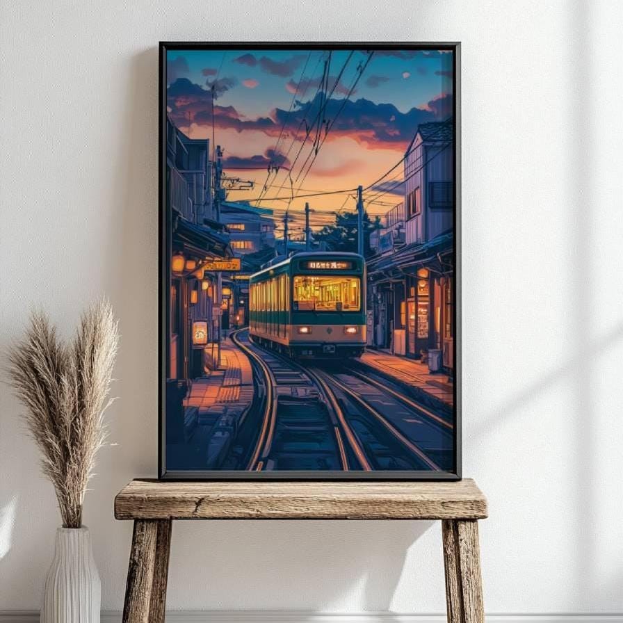 Urban Japan Sunset Train Poster Art, Aesthetic Wall Decor, Japanese Street Scene, Travel Gift,Home & Office Wall Art, Home Decor, Cozy Vibes