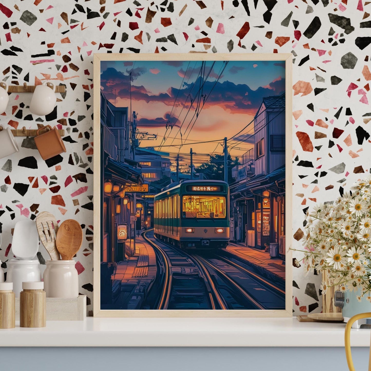 Urban Japan Sunset Train Poster Art, Aesthetic Wall Decor, Japanese Street Scene, Travel Gift,Home & Office Wall Art, Home Decor, Cozy Vibes