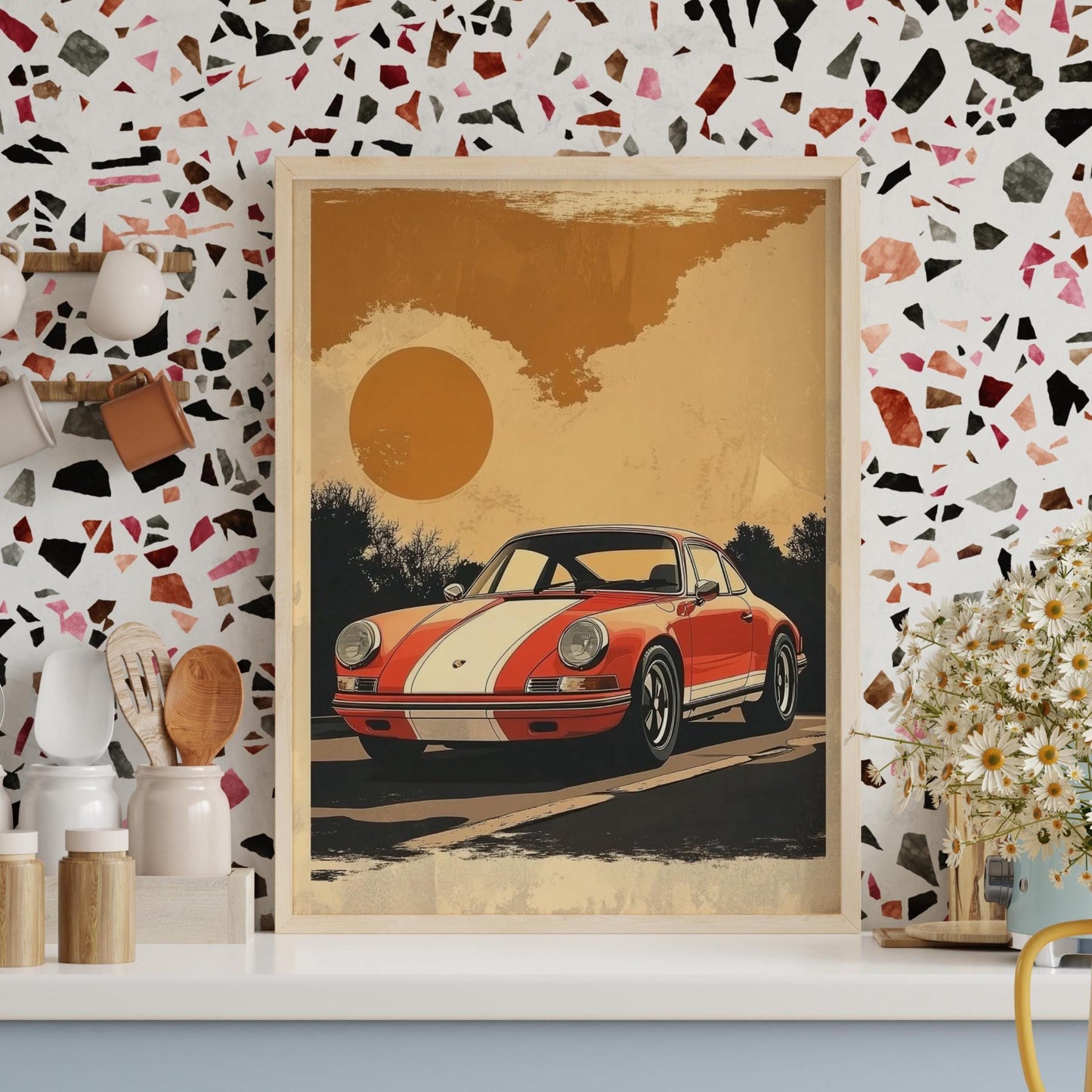 Retro Racing Car Poster – Vintage Sports Car Wall Art, Sunset Road Print, Bold Stripe Auto Decor, Classic Driver Gift for Him