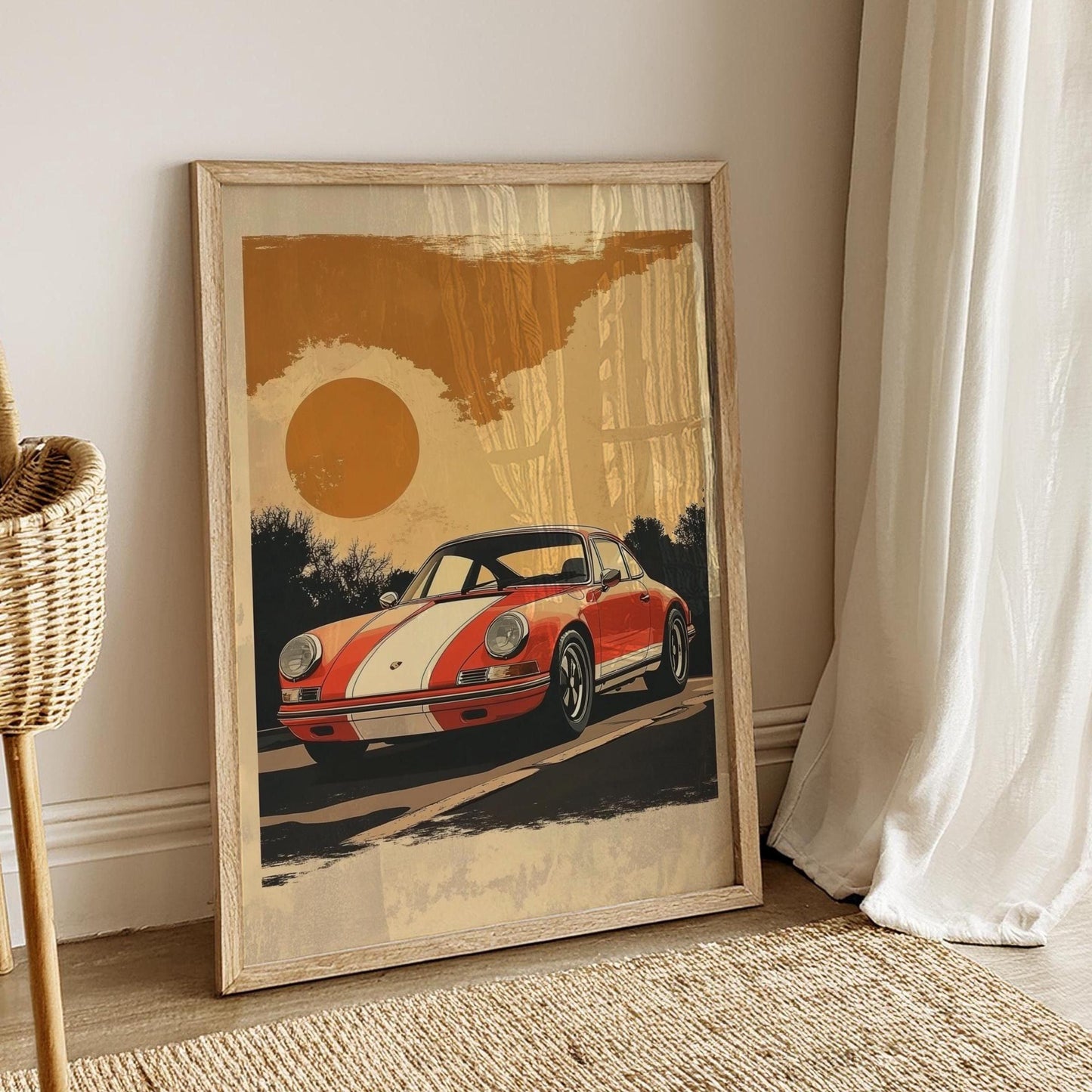 Retro Racing Car Poster – Vintage Sports Car Wall Art, Sunset Road Print, Bold Stripe Auto Decor, Classic Driver Gift for Him