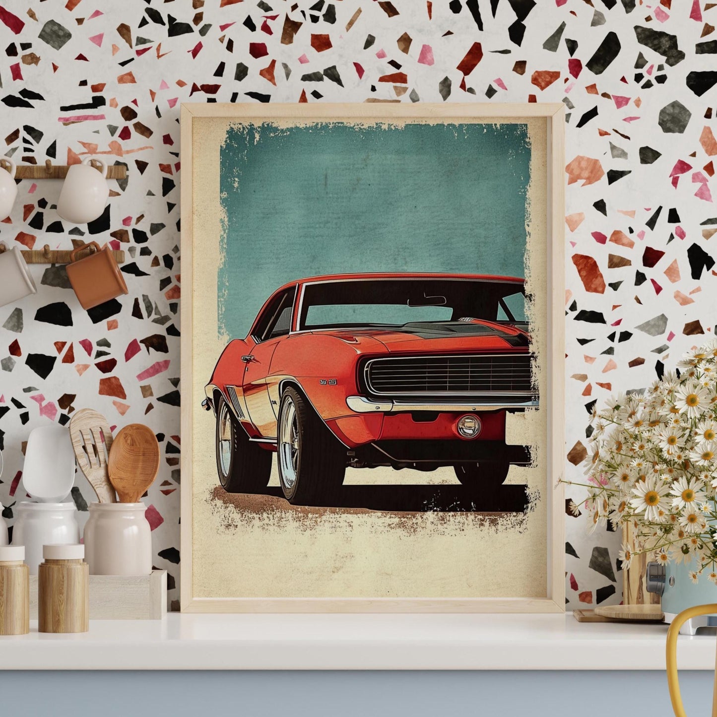 Classic Muscle Car Poster – Vintage American Auto Wall Art, Bold Red Camaro Print, Retro Garage Decor, Gift for Car Lovers